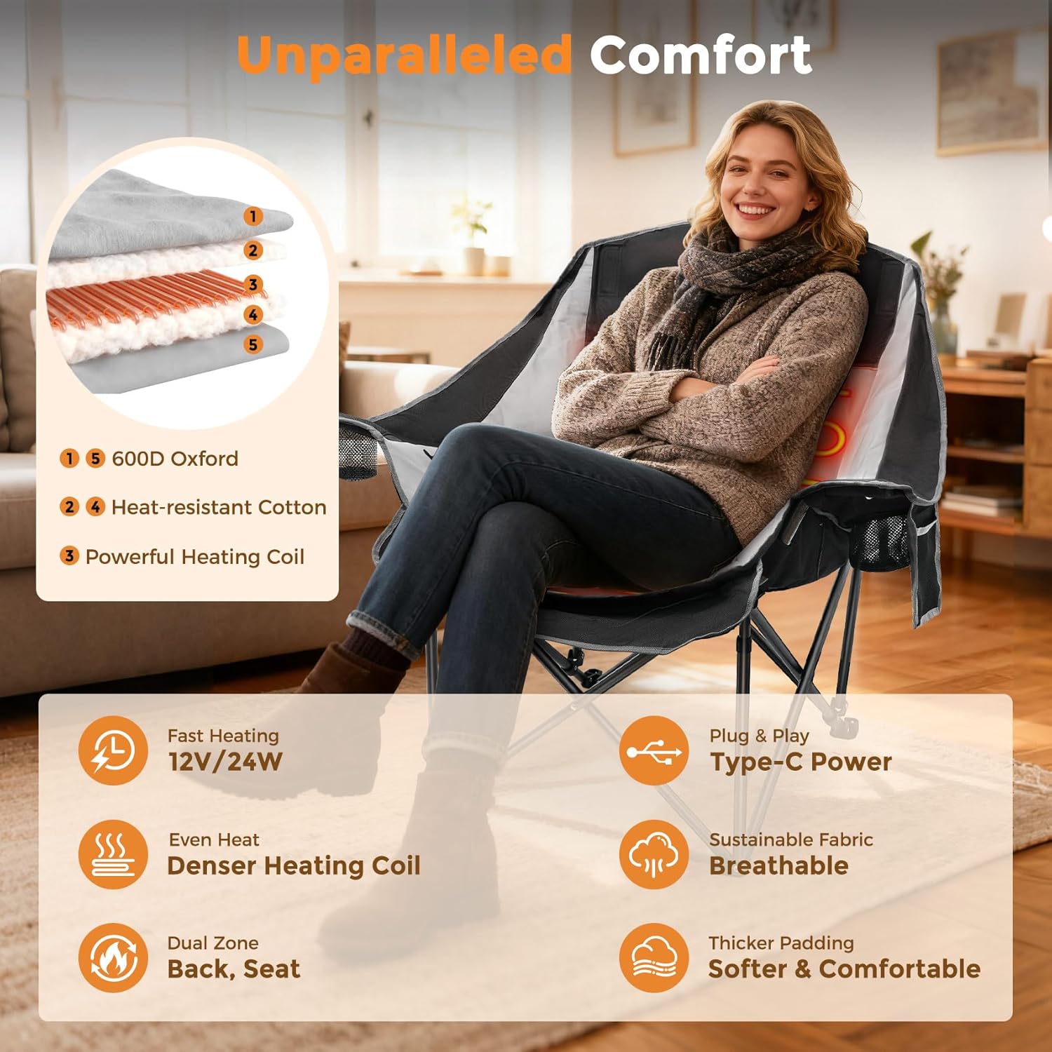 Suteck Heated Camping Chair with 20000mAh Battery, Oversized Heated Chairs W/3 Heat Levels & 2 Heating Zones, Portable Heated Folding Chair Use for Outdoor Sports, Camping, Lawn - Image 8