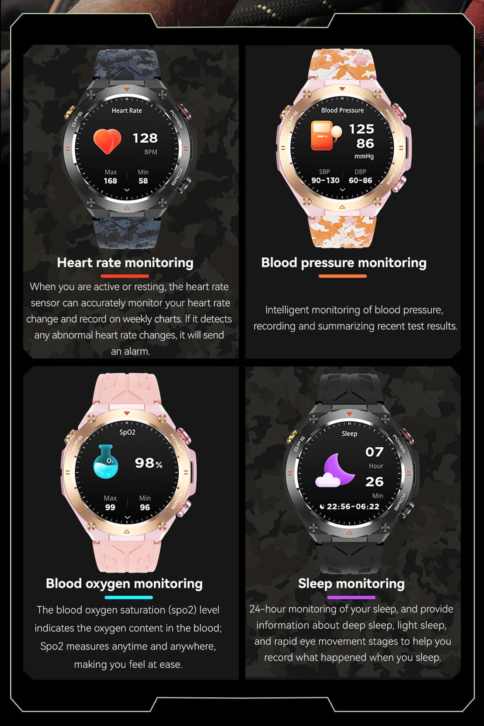 findtime Orologio da polso da uomo e da donna, GPS, orologio militare con bussola, barometro, funzione di telefono, tracker del sonno, fitness, contapassi, orologio sportivo per attività all'aria
