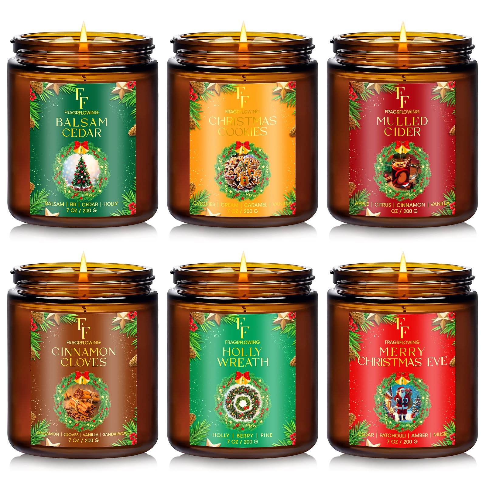 Christmas Candles Set, Scented Candles for Home, 6 Pack Holiday Natural Soy Candles, Christmas Gifts for Women Men, Winter Fragrance of Cedar/Cookies/Cider/Cinnamon/Wreath/Christmas Eve