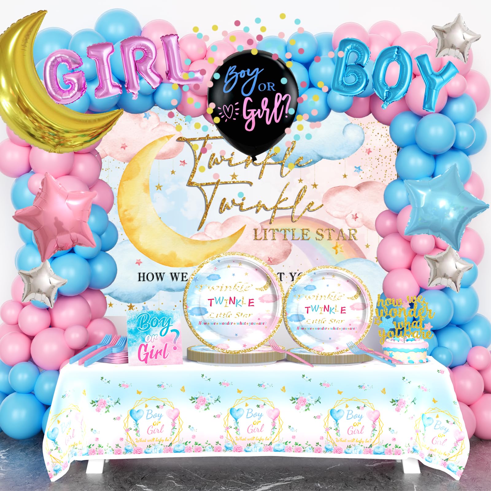 Homond Twinkle Twinkle Little Star Gender Reveal Decorations, Boy or Girl Gender Reveal Supplies Serves 20 Guests, Backdrop Balloon Tablecloth Plates