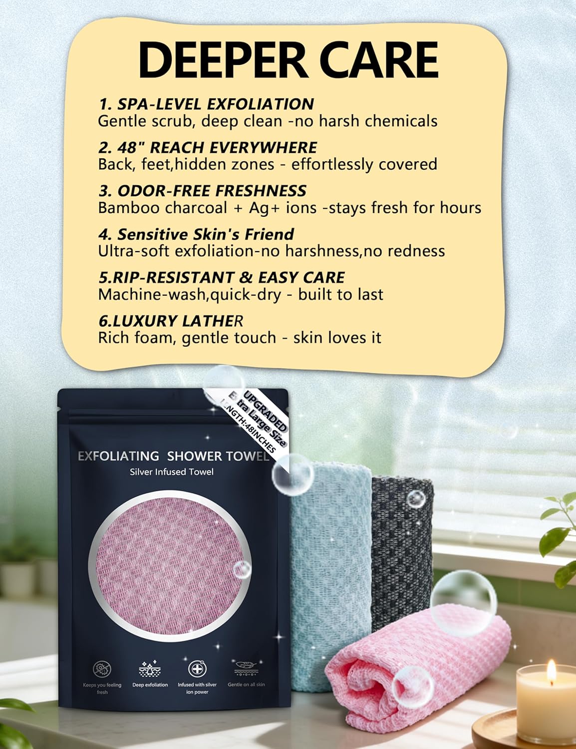 Silver Towel Exfoliating Shower Towel 48", Premium Scrub Wash Cloth for Body Face, Exfoliating Washcloth for Men and Woman (Blue)