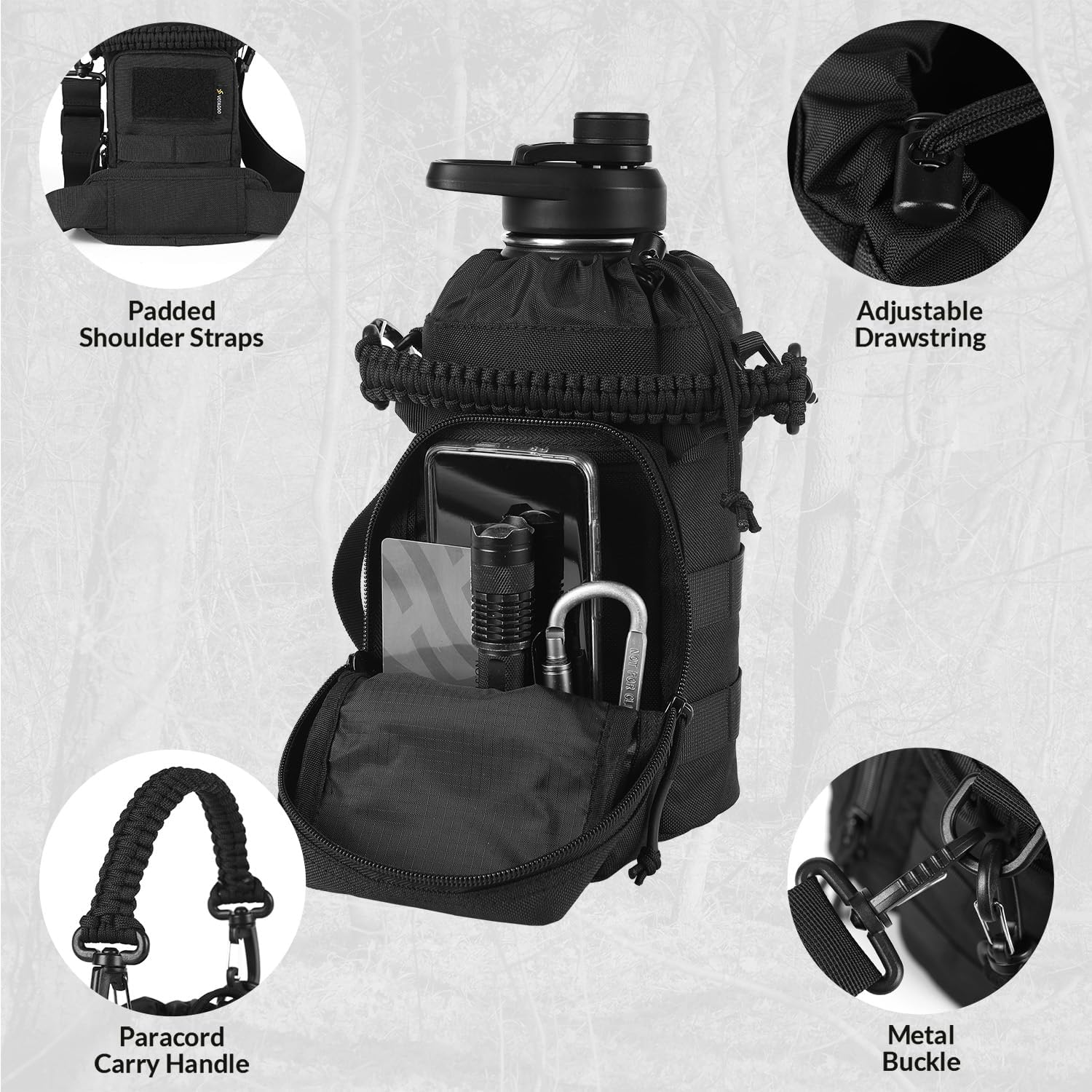 Taktische Wasserflasche, 1,8 l, Edelstahl, isolierte Wasserflasche, Metall-Militärflasche mit robuster, abnehmbarer Hülle, taktische Tragetasche für Wandern, Camping, Jagd