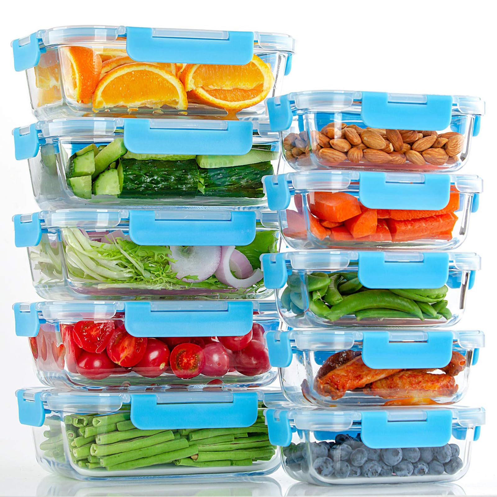 Jaffiust 10 Pack Glass Meal Prep Containers, Food Storage Containers with Lids Airtight, Glass Lunch Boxes, Microwave, Oven, Freezer and Dishwasher Safe (Blue) JA0050004BEx10