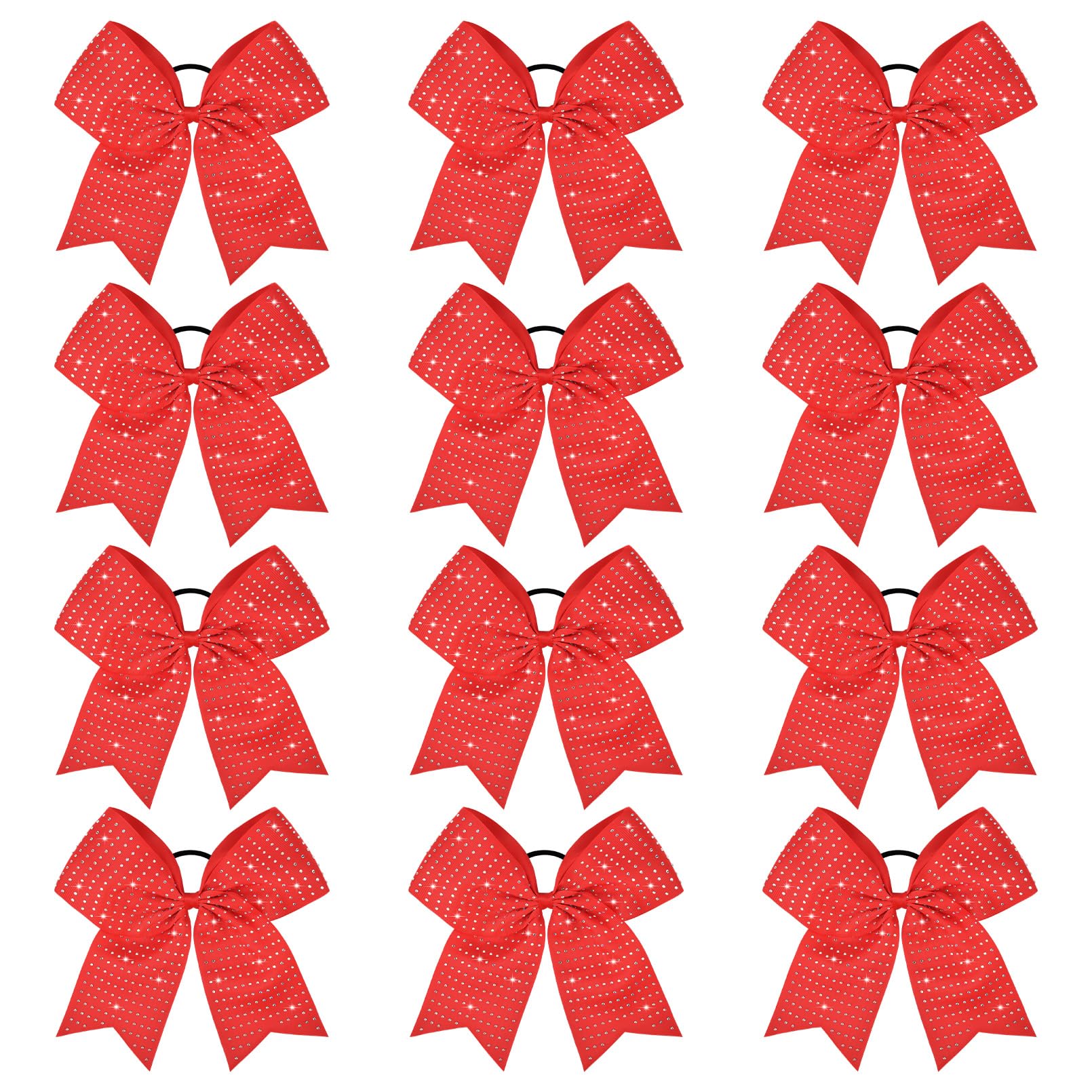 CEELGON 12 PCS Red Glitter Cheer Bows Large 8” Full Rhinestones Shiny Cheer Bow Elastic Hair Tie Bows for Teens Girls Softball Competition Sports