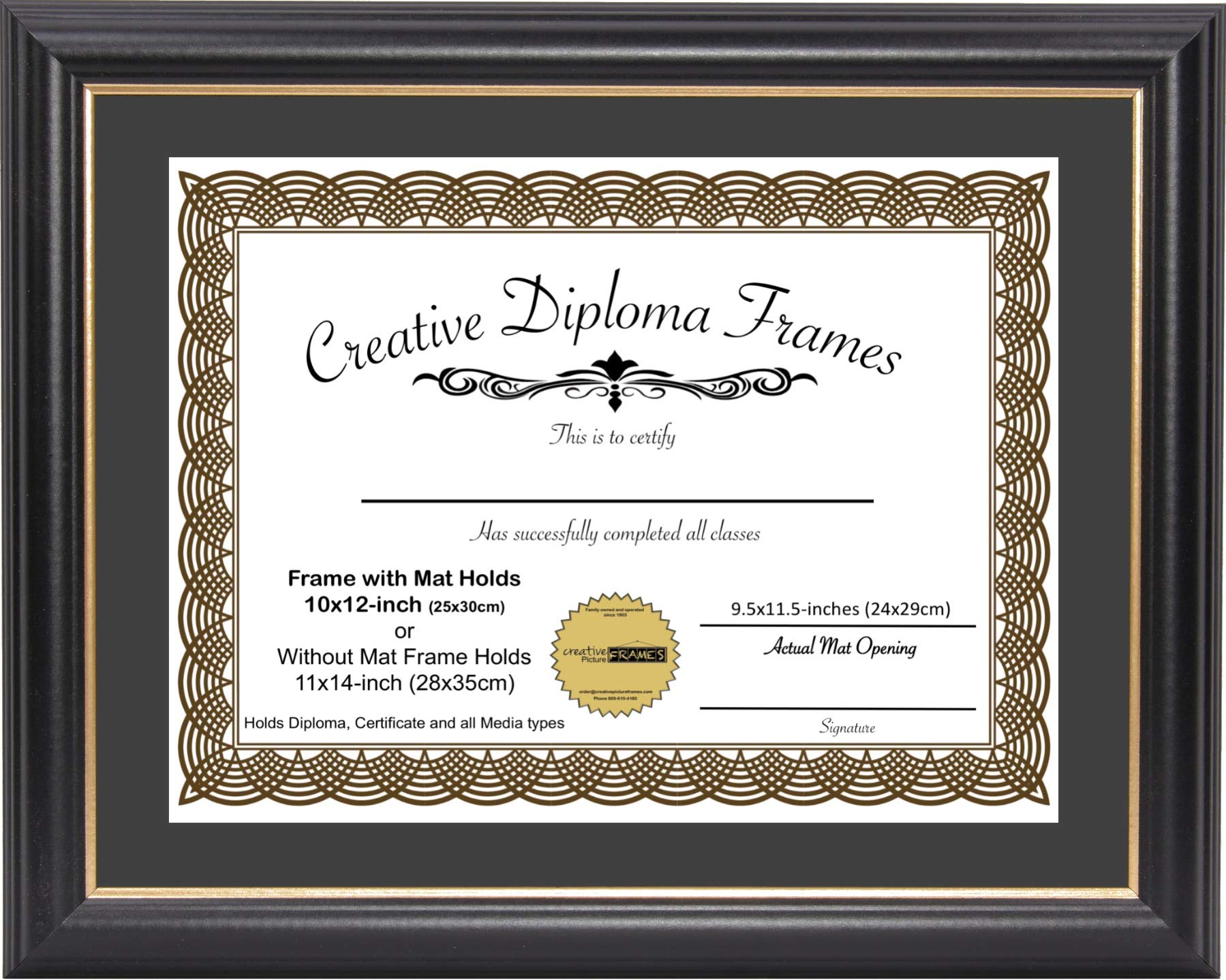 Creative Picture Frames10" x 12" Rockefeller Black with Gold Rim Diploma Frame, Displays 10" x 12" Certificate or 11" x 14" Document without Mat, College Degree Frame, Full-Strength Glass, Black Mat