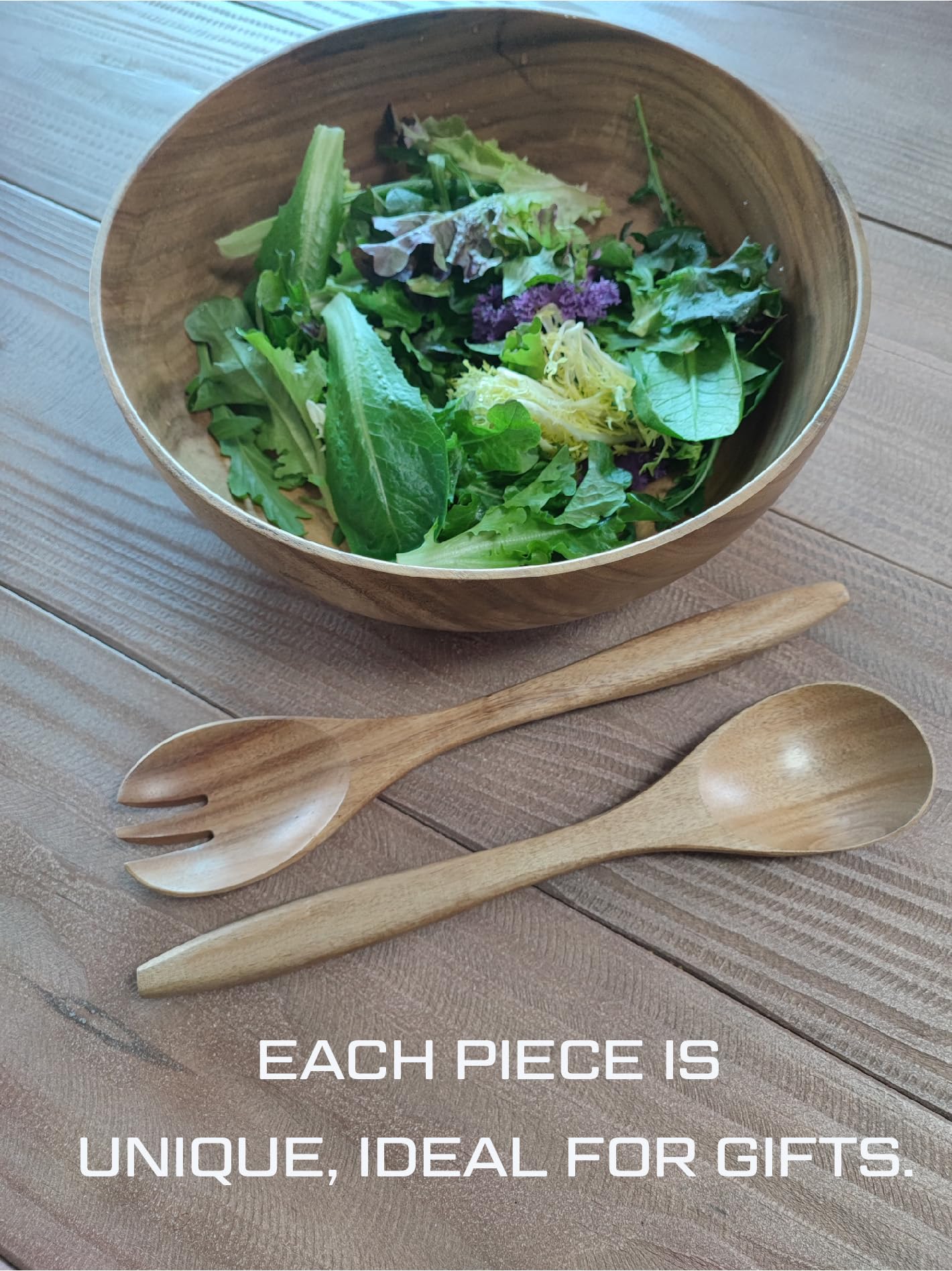 Gibson Elite Wildgreens Large Glass Salad Bowl Set With Acacia Wood Base And Acacia Serving Utensils