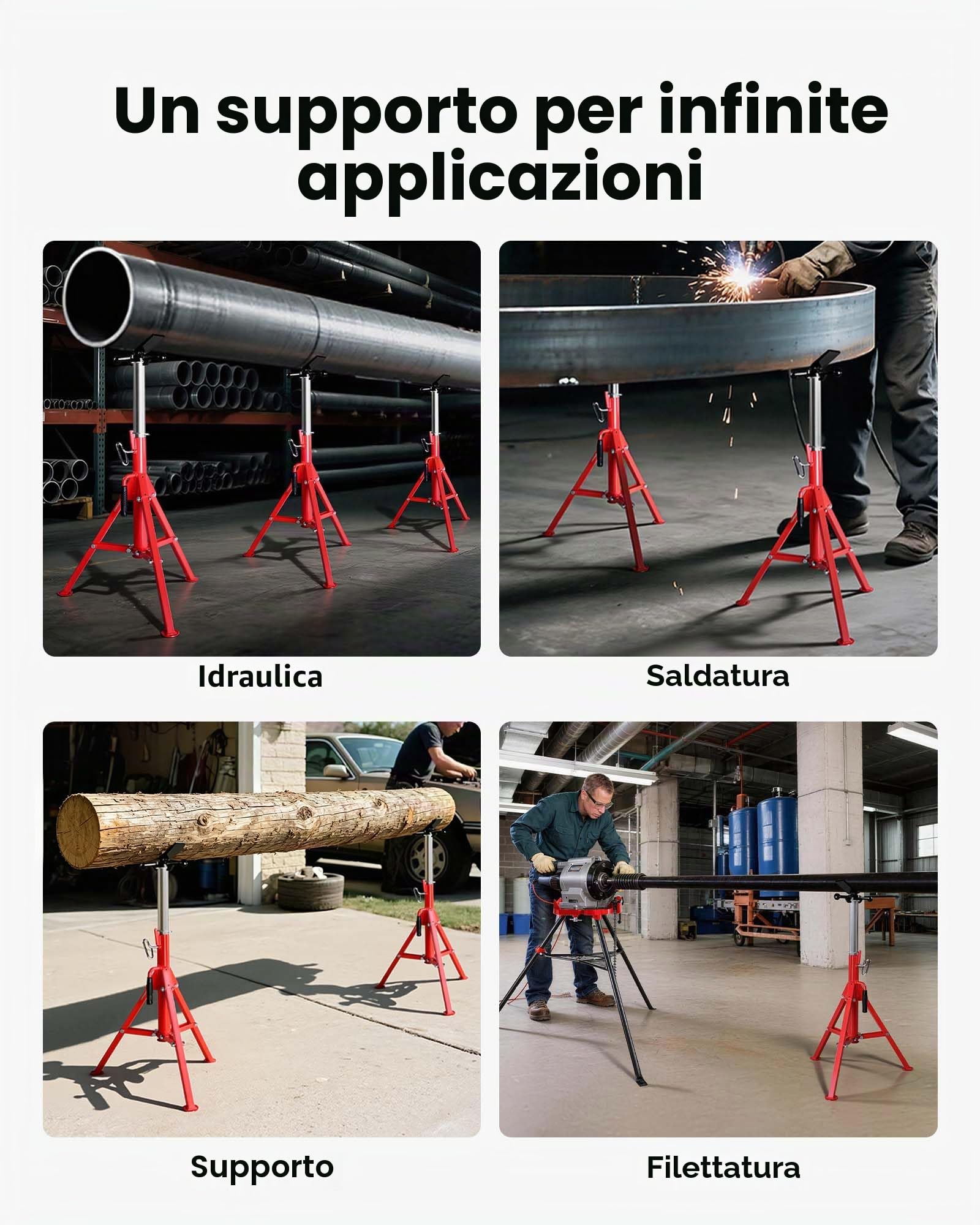 VEVOR Cavalletto per tubo con testa a V Capacità 1/8"-12", Altezza regolabile 28"-52", Supporti per tubi 2500 libbre. Capacità di carico, Supporti per tubi pieghevoli portatili