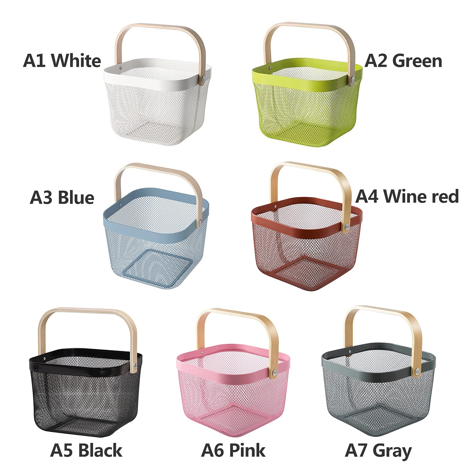 Kuppn Metal Round Wire Basket Storage, Mesh Steel Storage Organizer Basket with Bamboo Handle Multi-functional Basket Bin for Kitchen Bathroom Picnic Shopping Decor Cabinet Home Pink