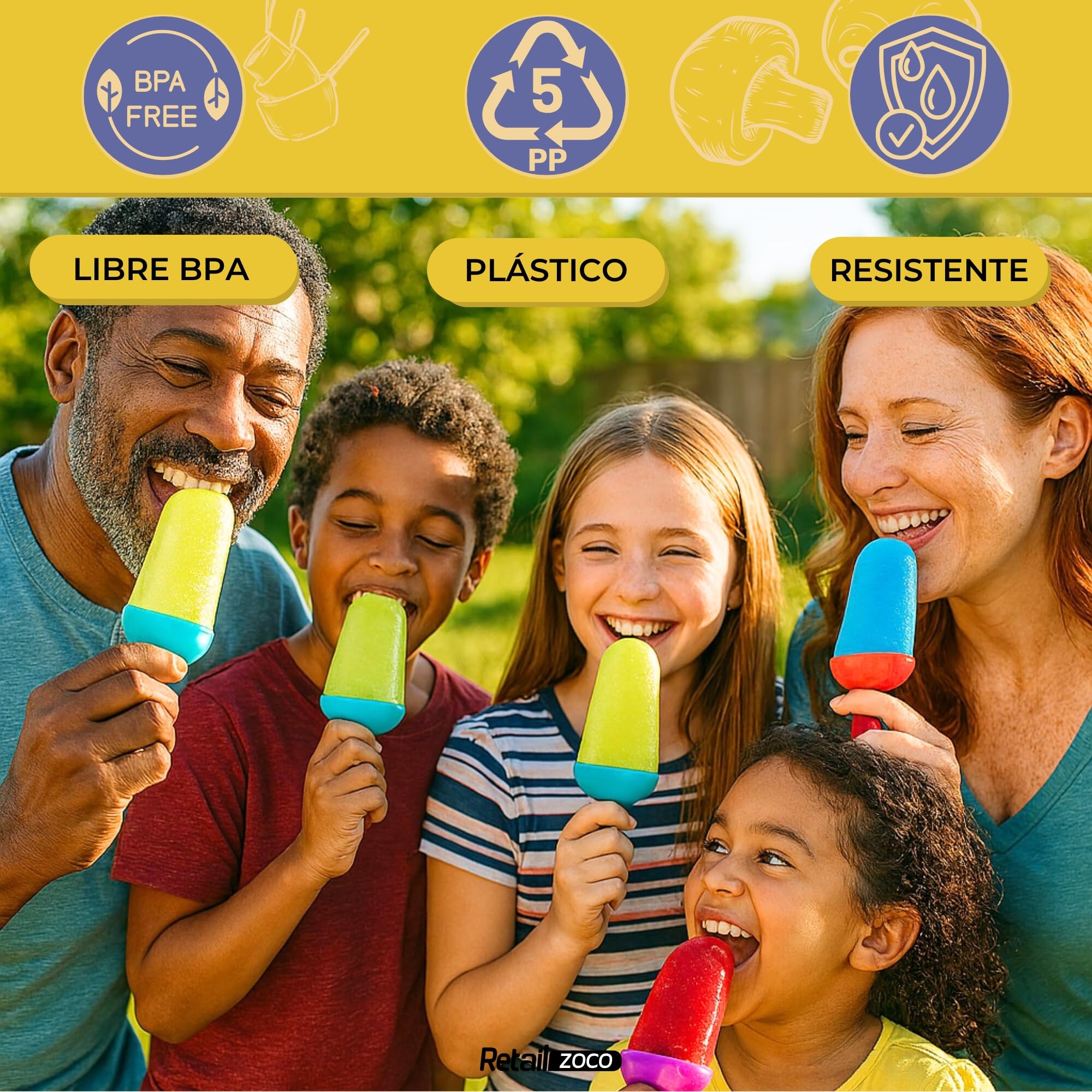 CHEFZOCO Molde Para Helados, Moldes para polos, Moldes para helados caseros, Moldes de verano, Moldes reutilizables para helados, Tamaño 15.5 cm, Reutilizable, Libre de BPA, Contiene 4 moldes