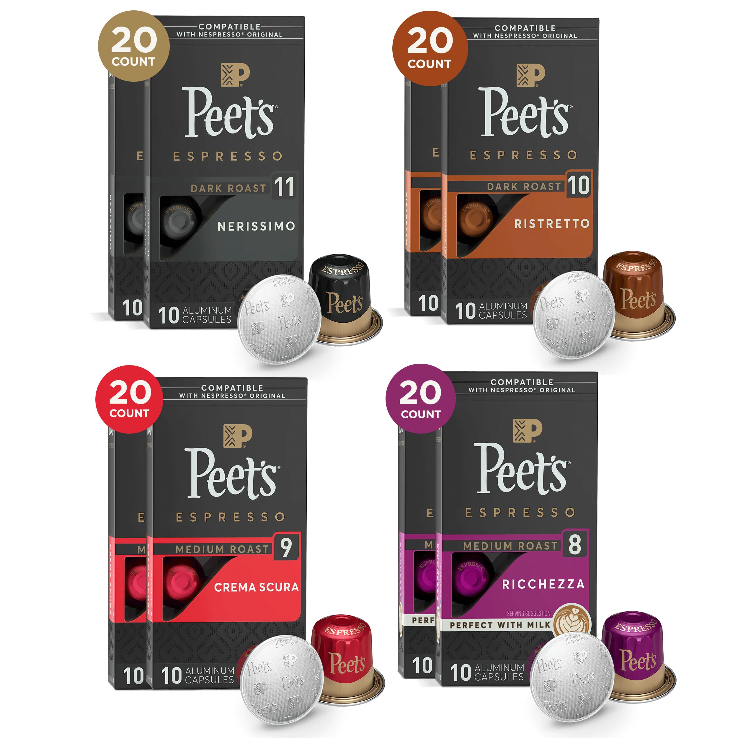 Peet's CoffeeDark and Medium Roast Espresso Capsules Variety Pack, Compatible with Nespresso Original Machine - Intensity 8-11, 80 Count (8 Boxes of 10 Espresso Capsules)