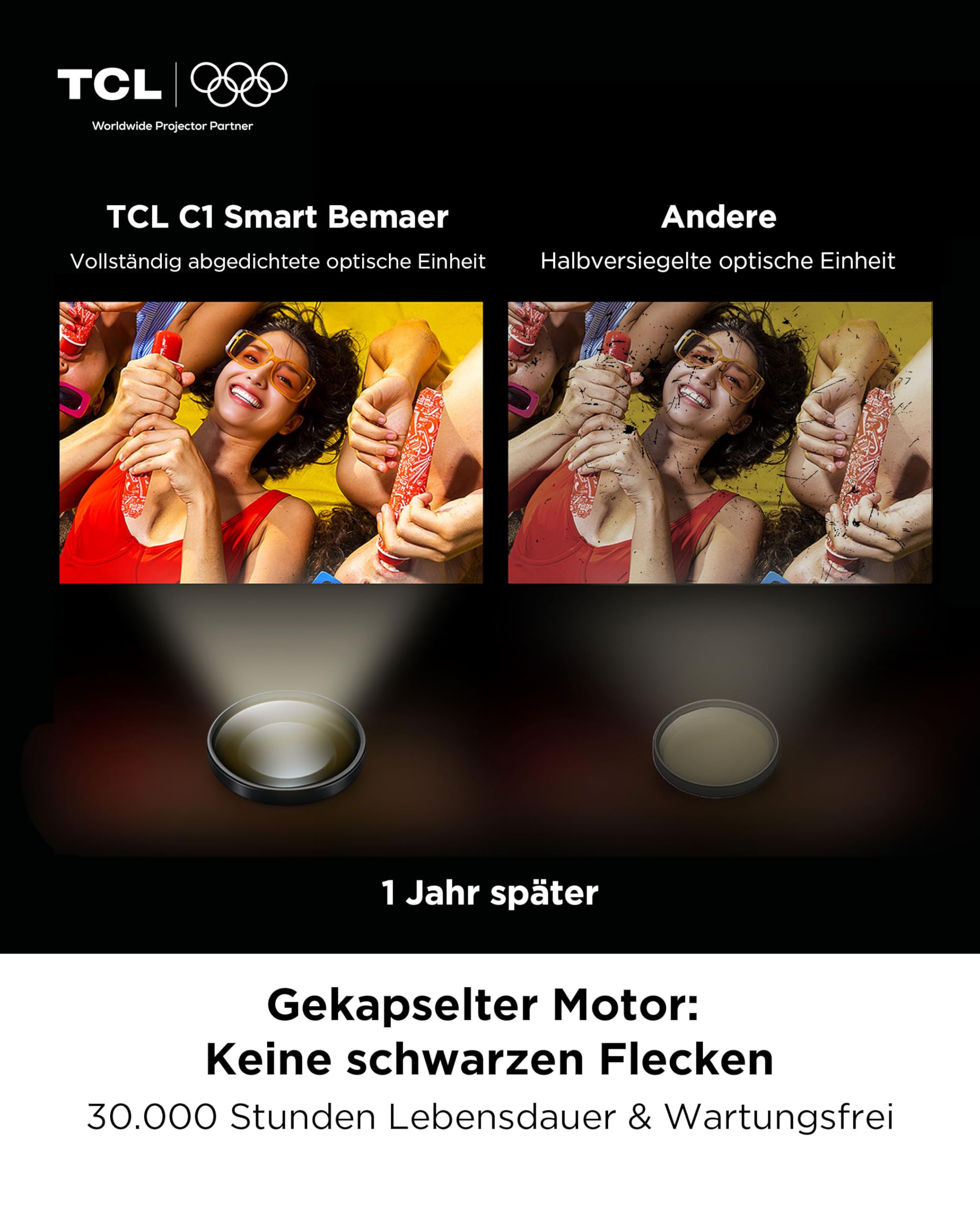 TCL C1 Smart Mini Beamer, Integriertes Offizielles Google TV/Netflix/APV, Projektor 4K 1080p, Autofokus & 6D Keystone, Dolby 8W, WLAN, Bluetooth, 285° Drehbar für Handy, Heimkino, Deckenprojektion
