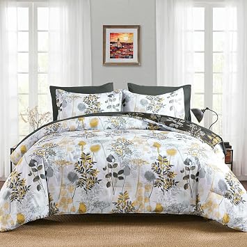 Anibedding 7 Pieces Grey Botanical Queen Comforter Set