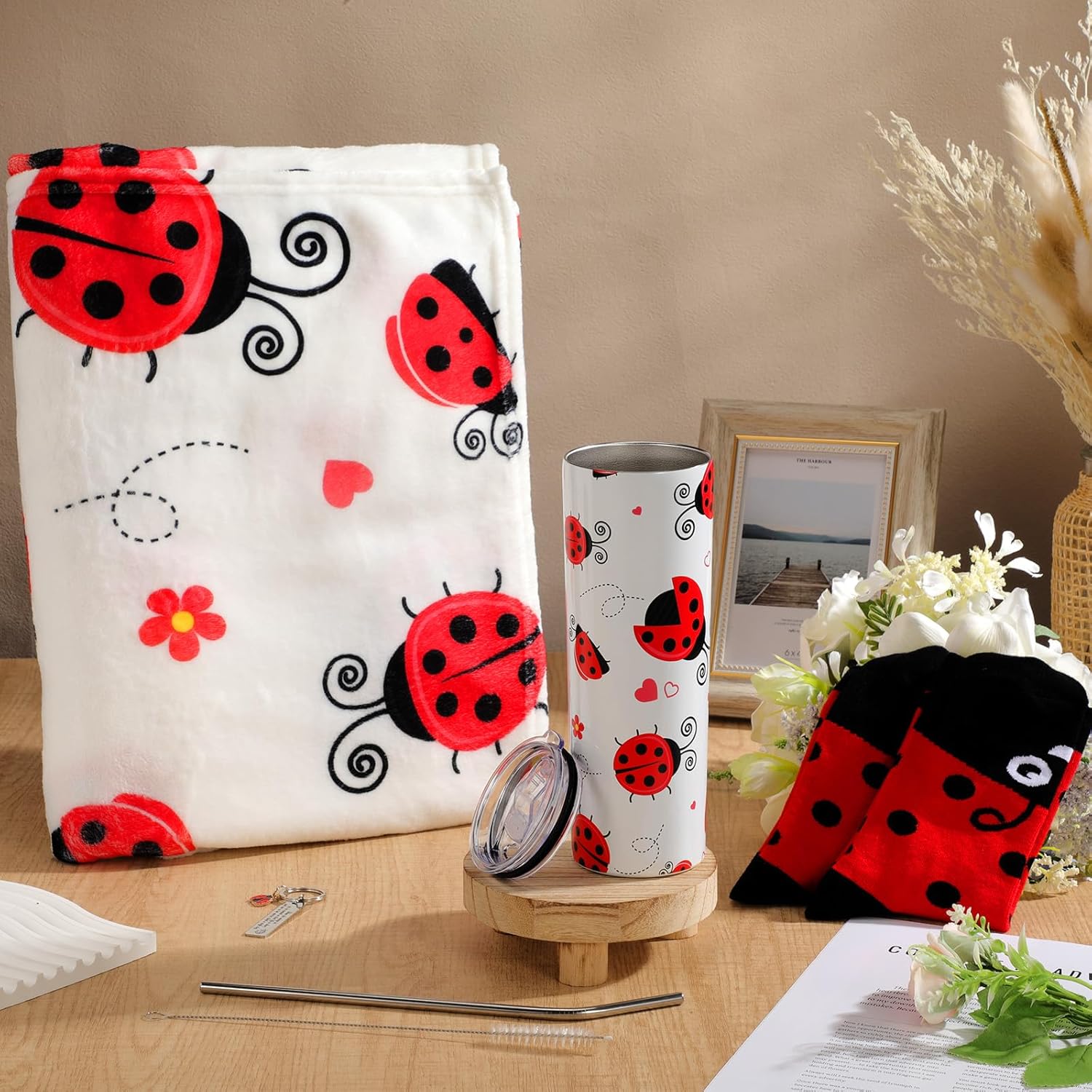 Patelai 4 Pcs Ladybug Gift Set 20 oz Stainless Steel Tumbler with Straw Lady Bug Pattern Flannel Throw Blanket Novelty Sock Inspirational Keychain Gift for Woman Men Ladybug Lovers - Image 3
