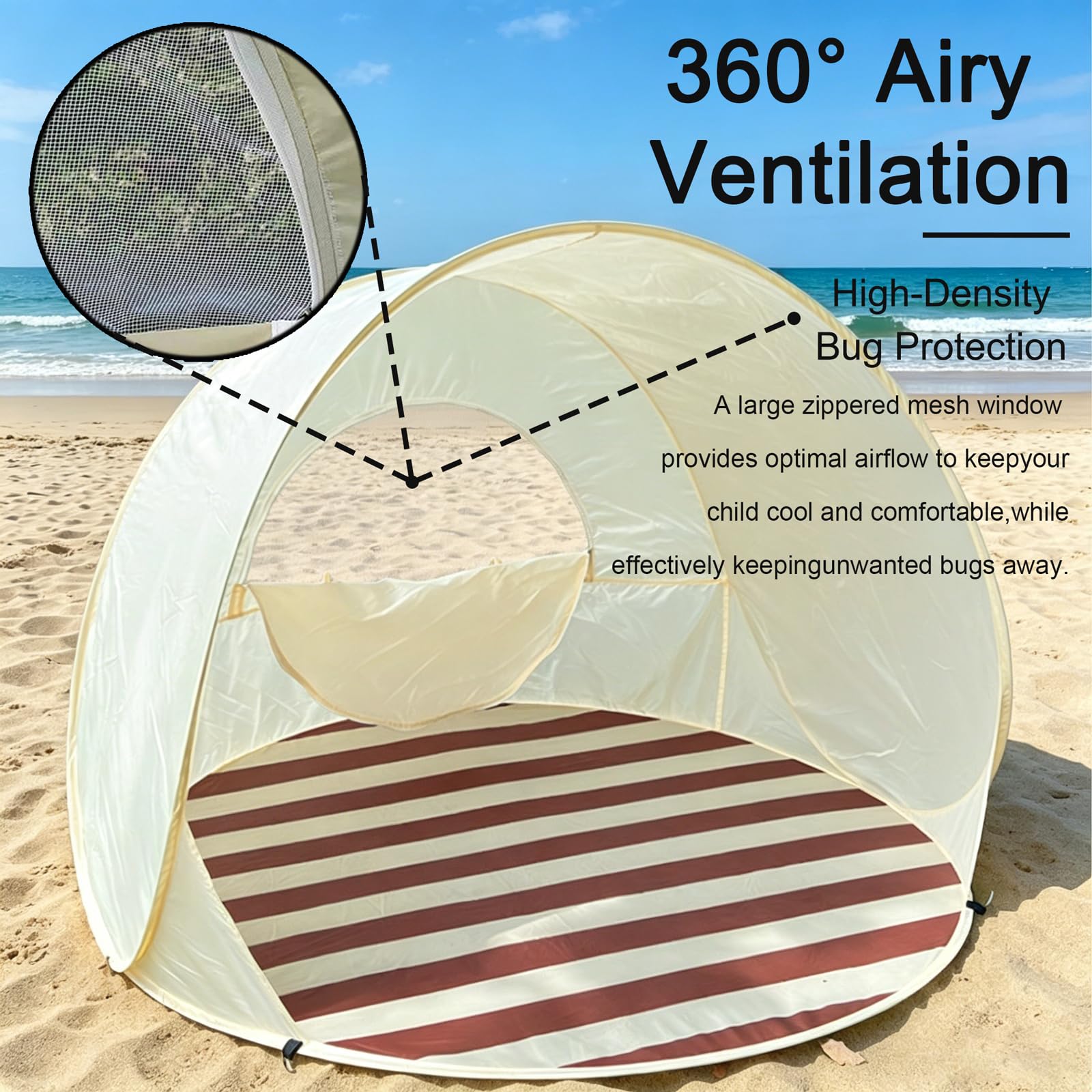 Tente de Plage Anti UV pour Bébé, Tente de Plage Pop Up pour 3-4 Personnes, Tente Coupe Vent de Plage, Pare Soleil Ventilé et Portable pour l'extérieur Beige,120CM/47IN