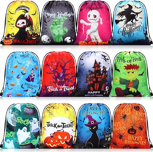 Miniatura 1 de 16 bolsas con cordón para fiesta de Halloween, calabaza, bruja, fantasma, carnaval, golosinas, bolsa de regalo para aula, Halloween, decoración de
