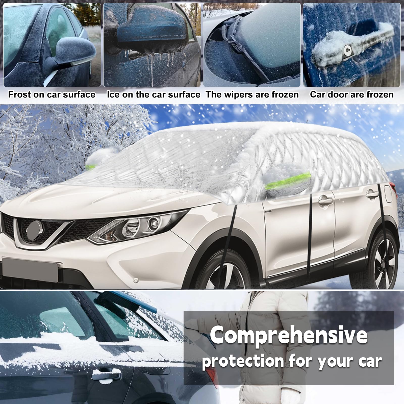 Demi Bâche Voiture Extérieur pour Nissan Qashqai 2013-2025, Demi Housse de Protection Anti-Neige Anti-Glace Mi-couvrante pour Automobiles | Demi bâche épaisse, protection contre le soleil, la pluie et la poussière, été, hiver, extérieur, intérieur