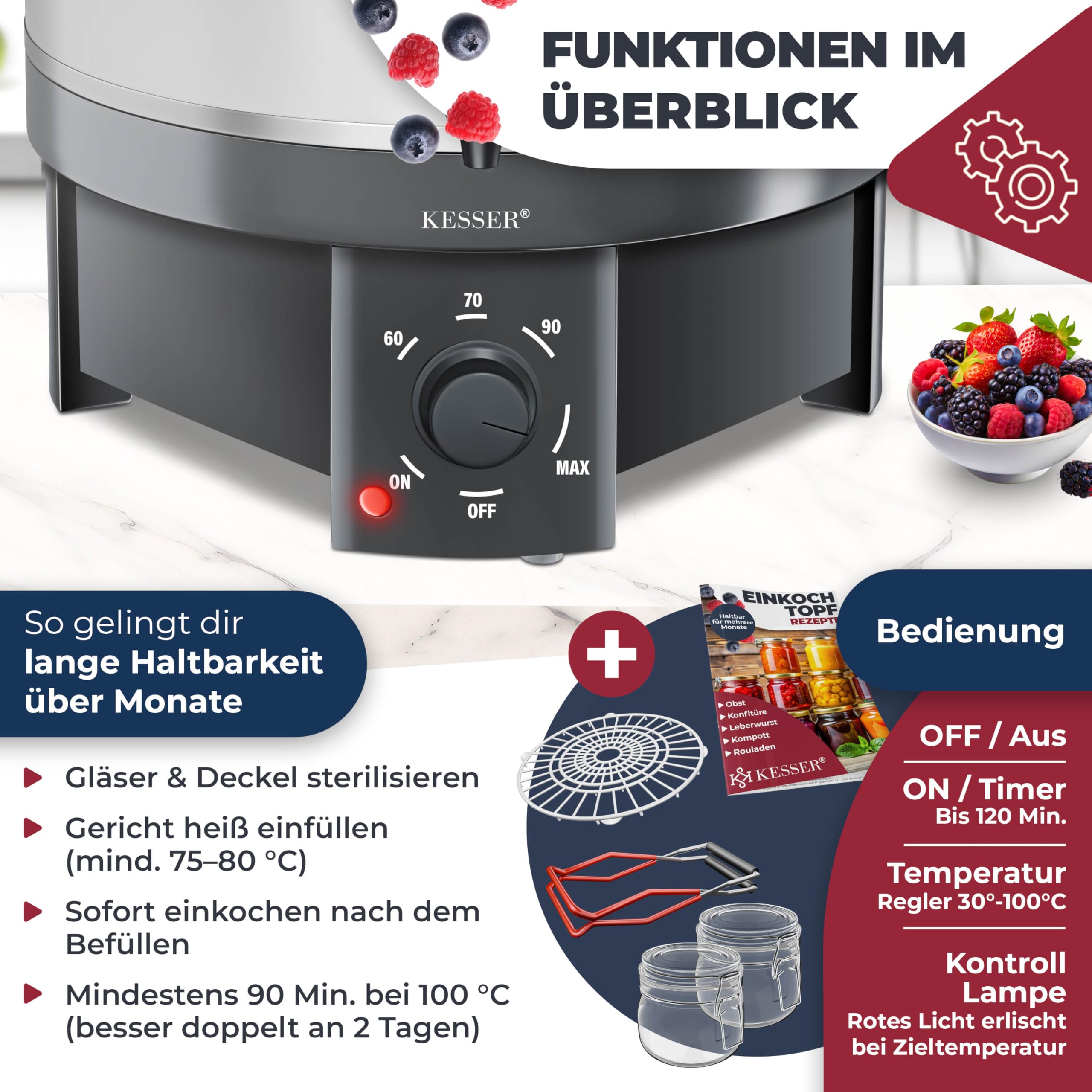 KESSER Einkochautomat 27 Liter, Edelstahl| 1800 Watt | Temperatur von 30-100°C | Dauerbetrieb | Abschaltautomatik Einkochvollautomat Heißgetränkeautomat Glühweintopf mit Zange & 2 Gläsern, weiß