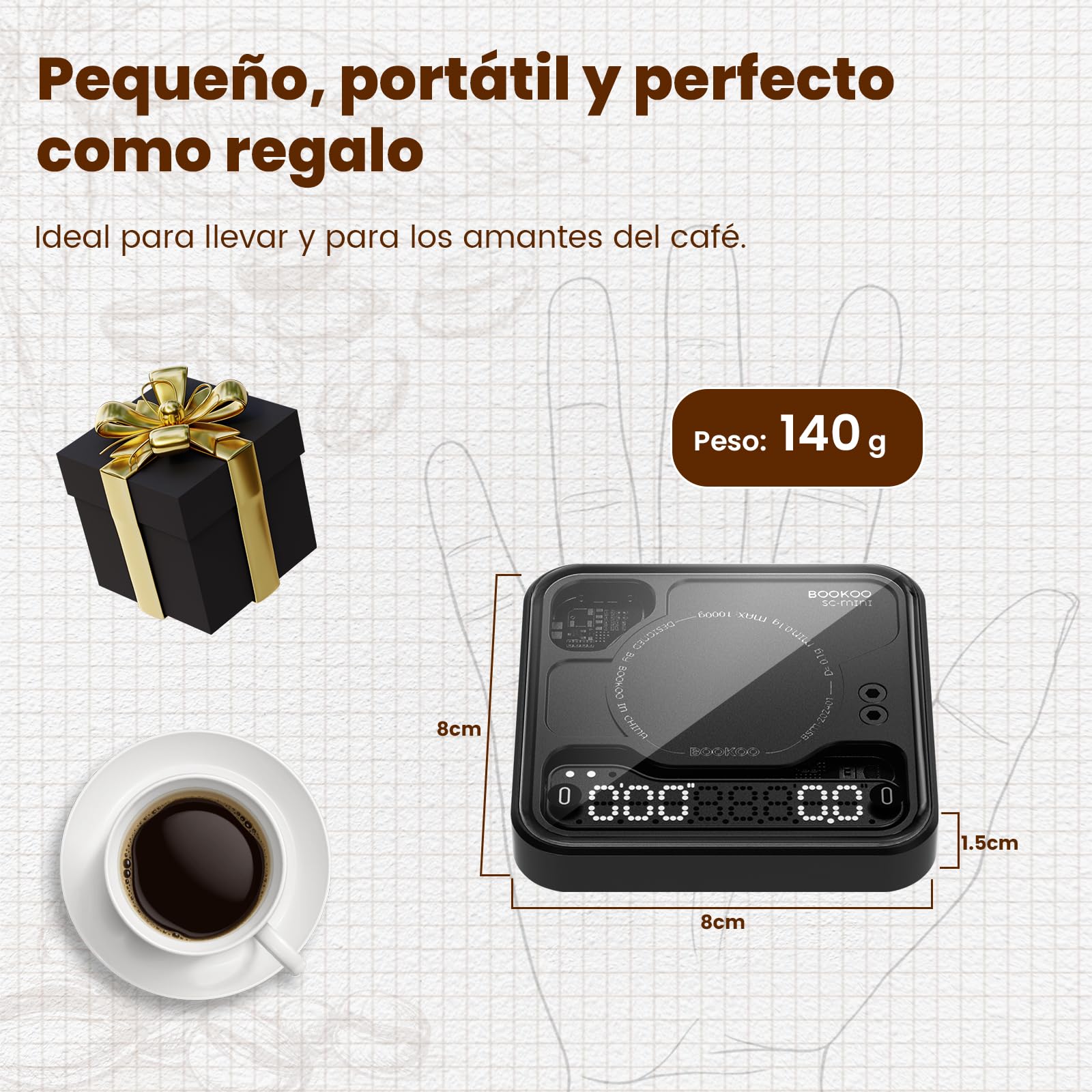 BOOKOO Báscula de Café con Temporizador, 0,1 g & 0,1 g/s de Alta Precisión, USB Recargable Báscula de Espresso, 3 Modos, Conexión Bluetooth App, Mini Báscula Precisión para Café Espresso y Pour-Over