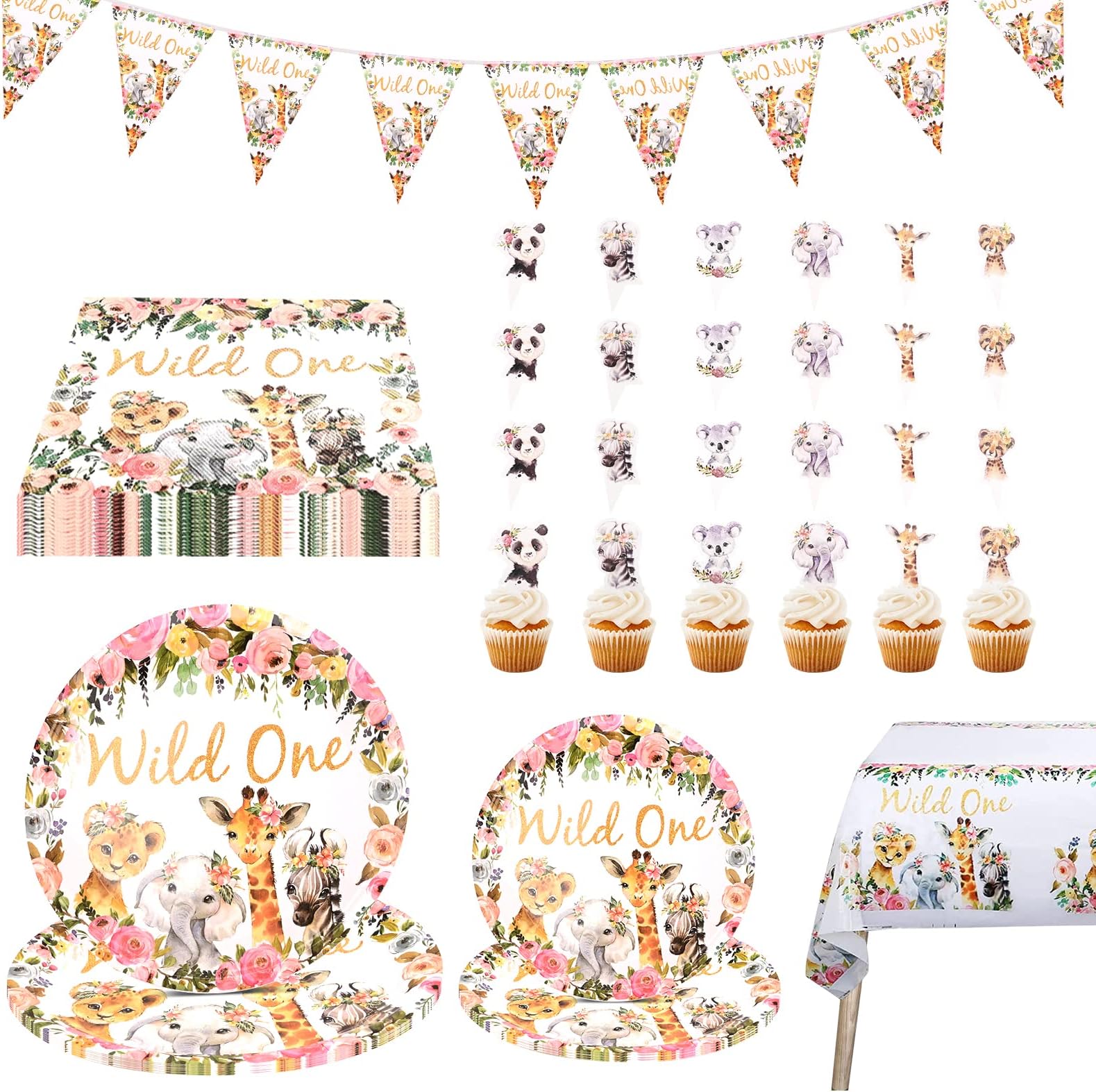 Gukasxi75 Pcs Wild One Birthday Decorations Jungle Theme Party Tableware Decorations with Paper Plates Napkins Tablecloth Cupcake Toppers Pennant Banner Flag for Baby Shower Decorations Boy