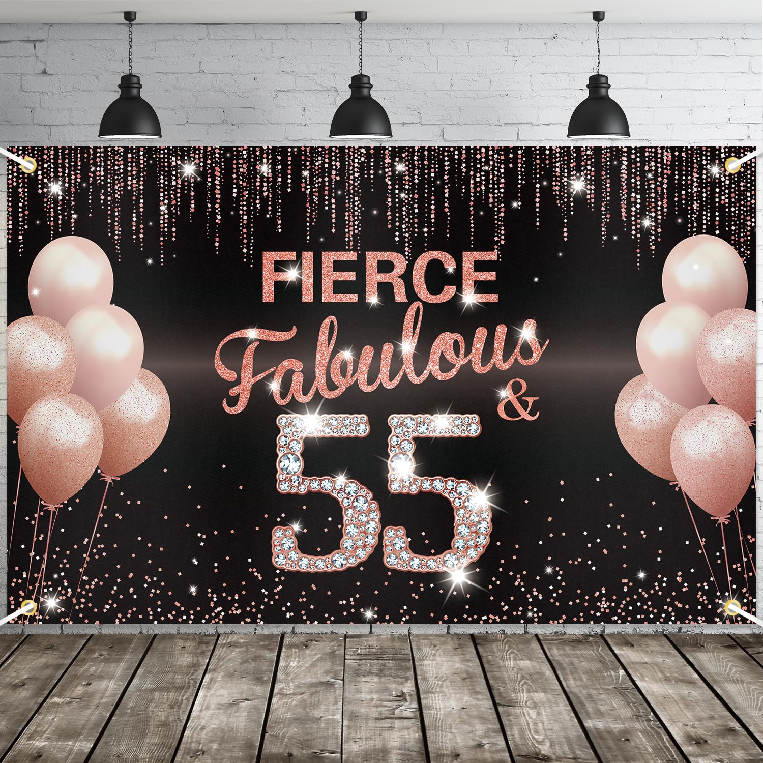 JOYKY Fierce Fabulous and 55 Banner, Rose Gold Happy 55th Birthday Party Decorations for Women, Fifty Five Year Old Birthday Supplies Backdrop Décor