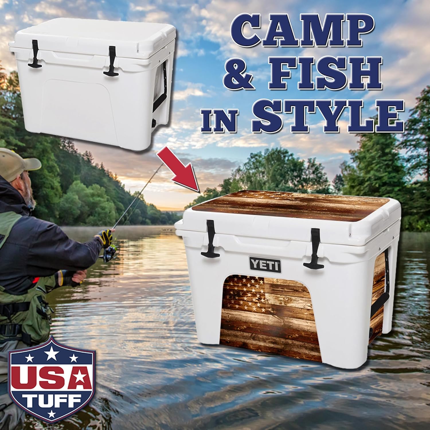 USATuff Vinyl Cooler Lid & Insert Kit Compatible with YETI | Easy Peel & Stick Application Cooler Skin Decal Wrap | Durable Pre-Cut Pieces | Made for Outdoor Use - USA Flag Woodgrain