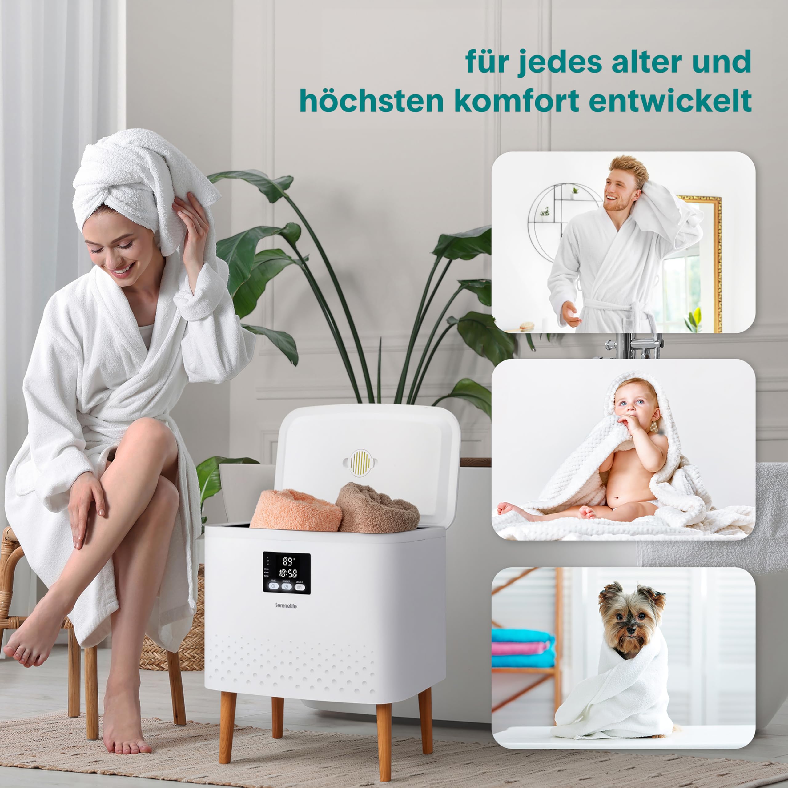 SereneLife Handtuchwärmer Eimer- 20L Elektrisch Stehend, Handtuchtrockner und Deckenwärmer mit Timer und Temperaturregelung, Weiß/Natural Design
