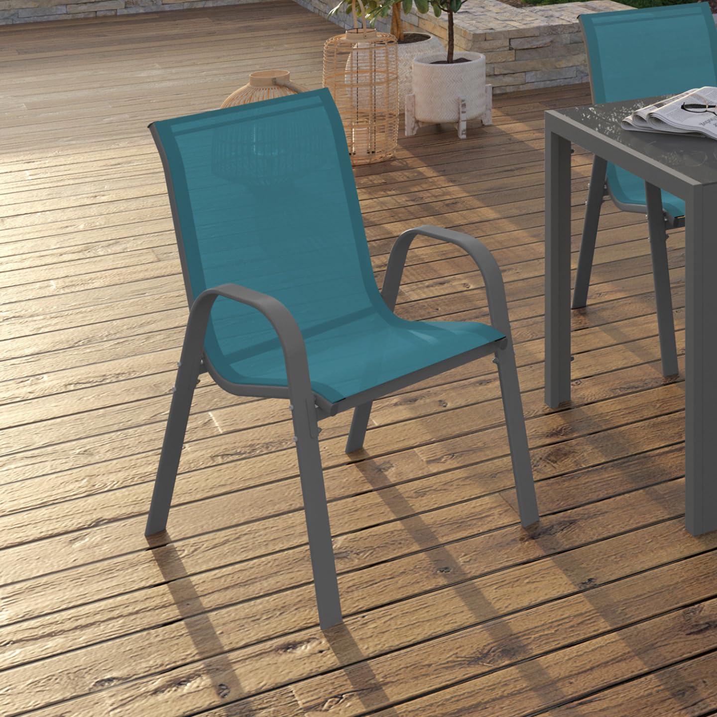 IDMarket - Lot de 4 chaises de Jardin LYMA métal et textilène empilables Bleu Canard
