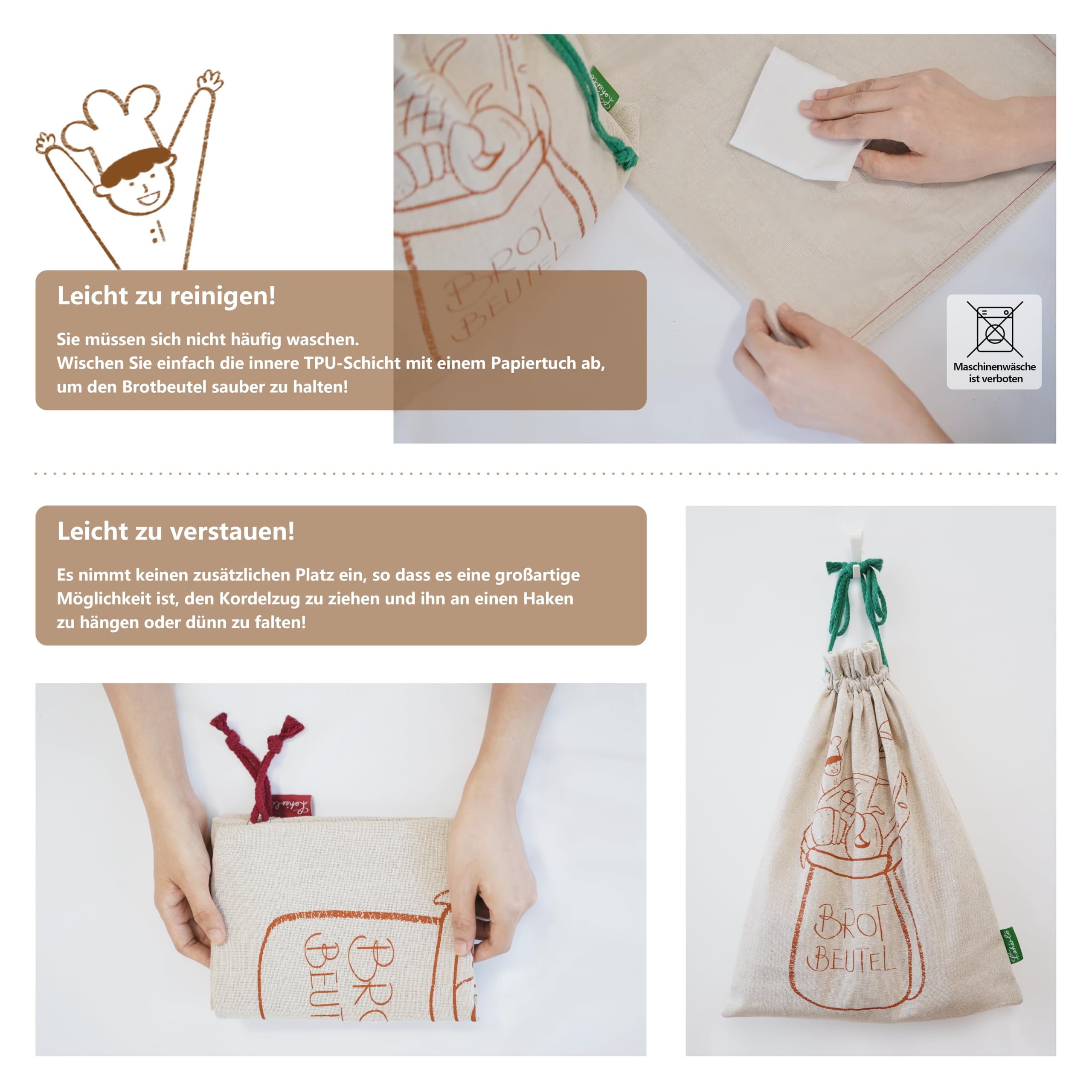 Lot De 2 Sacs à Pain En Lin Doublé TPU - 43x33cm, Conservation Fraîcheur, Réutilisables, Lavage Main