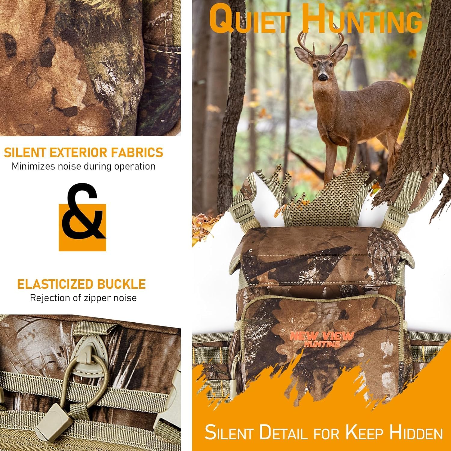NewView Binocular Harness Chest Pack con tasca rimovibile, cinturino binario regolabile e parapioggia, ideale per caccia, escursioni e birdwatching, Quiet-M, Camo Quiet, m, Taschino