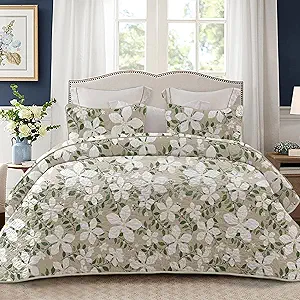 Whale Flotilla Reversible Floral Quilts Full Queen Size, Lightweight Boho Printed Bedspreads Coverlets Quilt Bedding Set with 2 Pillow Shams for All Seasons, White/Bone
