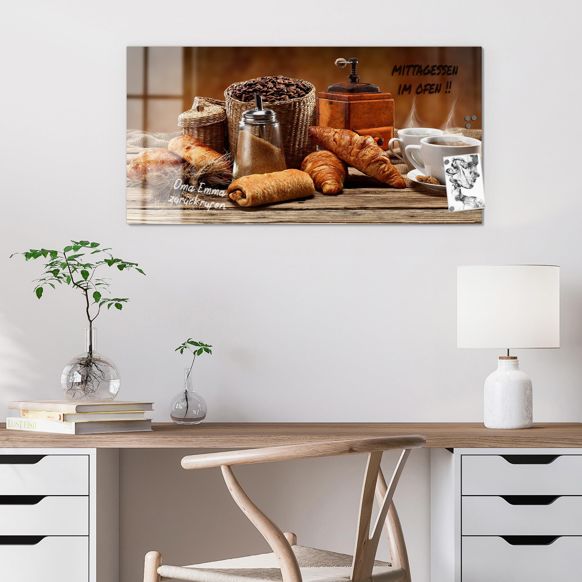 DEQORI Szklana tablica magnetyczna | wymiary 100 x 50 cm | motyw "Przyjemna przerwa" | tablica do notatek ze szkła | tablica magnetyczna z magnesami, długopisem i chusteczką do kuchni i biura |