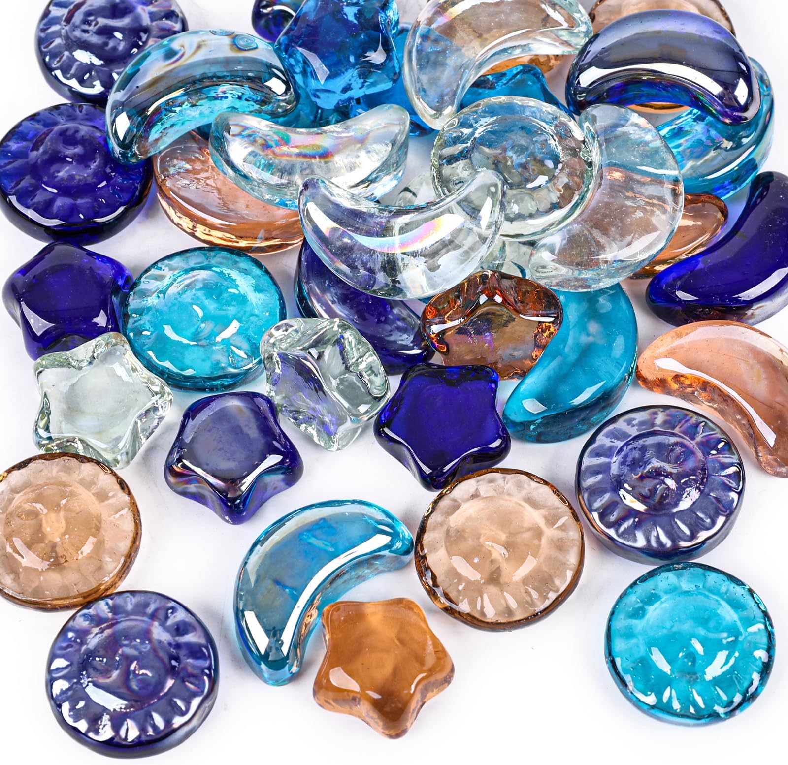 VGOODALL 2 LB 35-40PCS Glass Pebbles for Decorative,Mixed Sun Moon Star Shape Glass Pebbles,Flat Marbles Glass Beads Glass Gem for Vase Fillers Aquarium