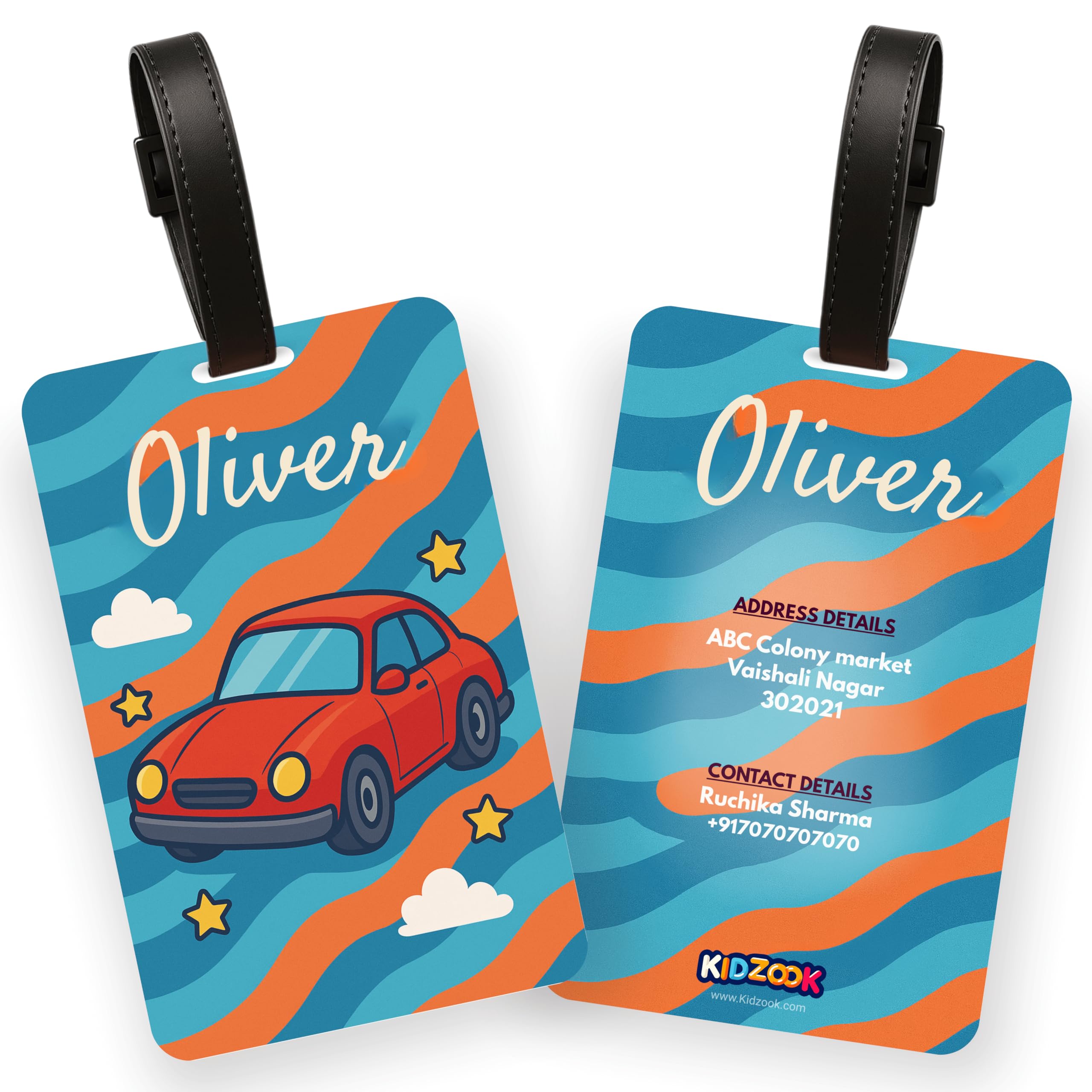 Kidzook Personalized Name Bag Tag | Custom Luggage Tag for Kids & Adults – PVC Luggage Tag for Travel, School, Office, Camping | Car Theme Design with Silicone Loop (Pack of 1)-image-29
