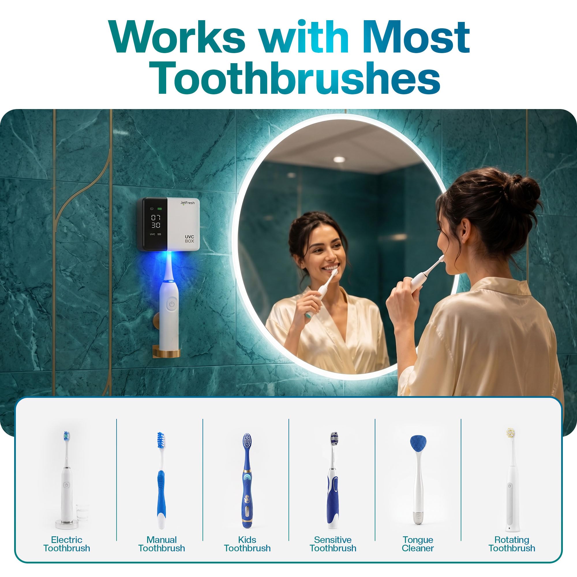 Jetfresh Porta spazzolino da denti UV e detergente con display a LED e asciugatura ad aria calda, supporto per spazzolino da denti UV per bagno, viaggi, design portatile ricaricabile, si adatta a