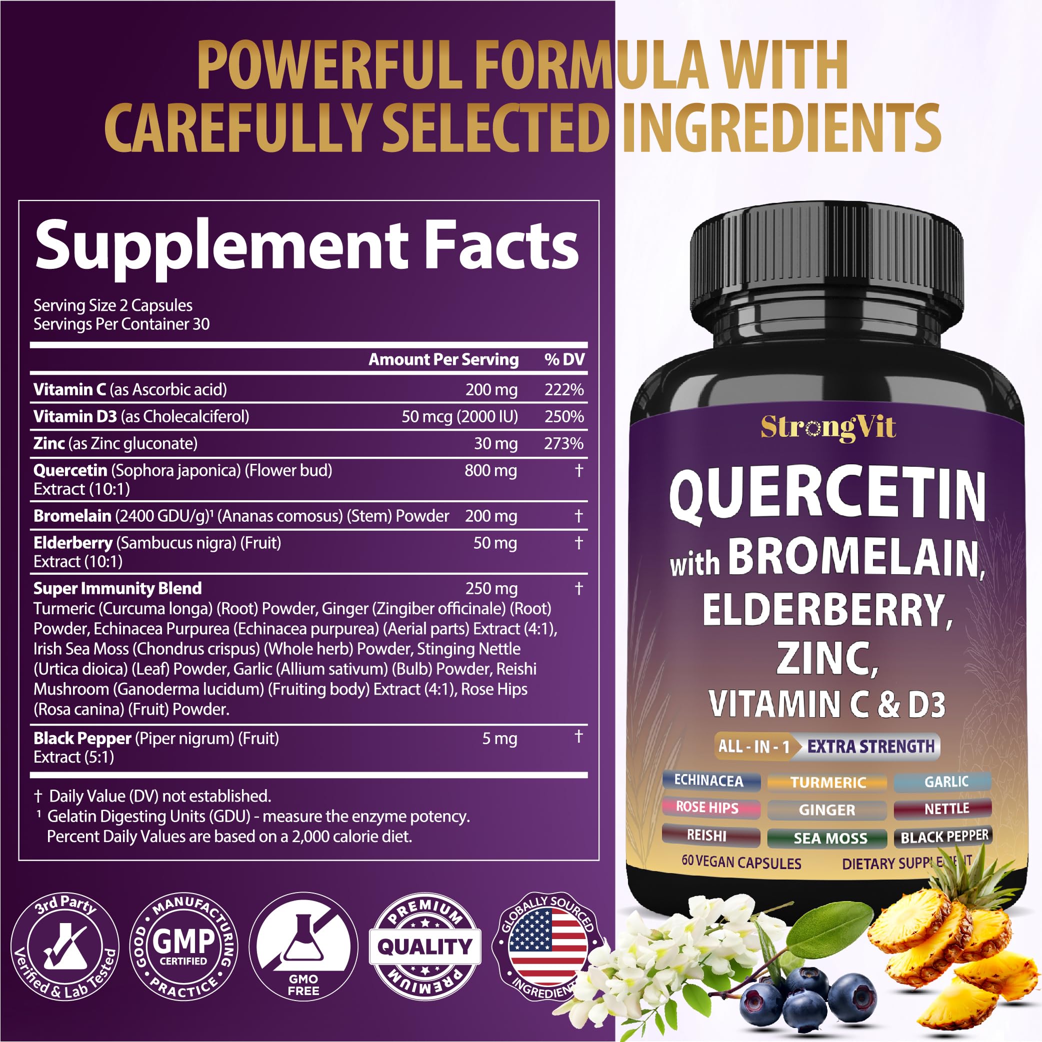 StrongVit Quercetin with Bromelain, Elderberry, Vitamin C, D3-60 Caps — Amazon image 7