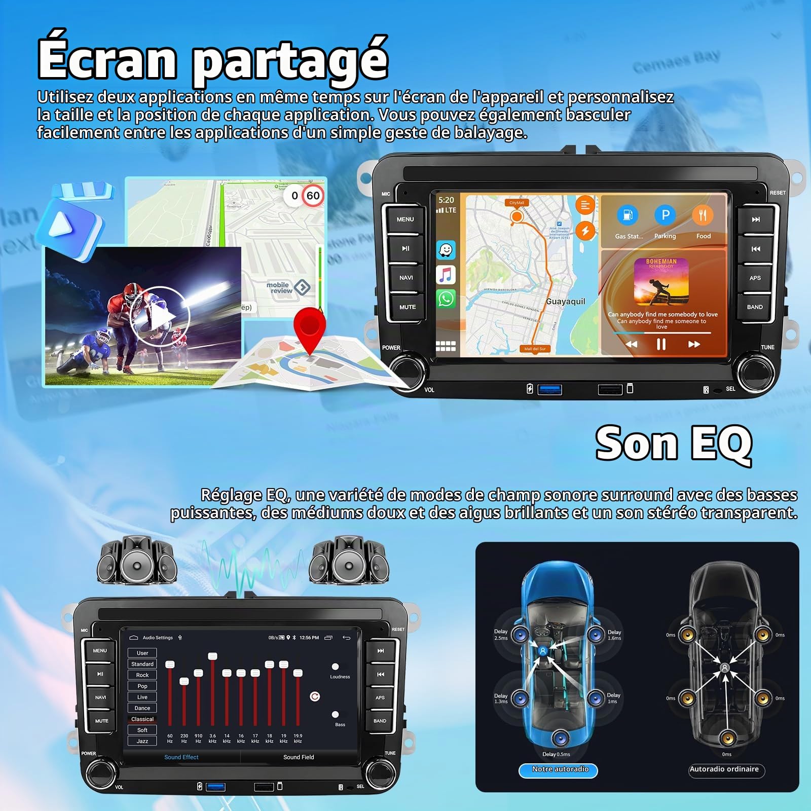 Autoradio pour VW Golf 5 Tiguan Touran Passat Polo Skoda Caddy Seat avec Carplay sans Fil Android Auto 2+64G 7" Écran Tactile Navi/WiFi/FM/RDS/SWC/Canbus/Bluetooth/EQ+Caméra AHD+Microphone