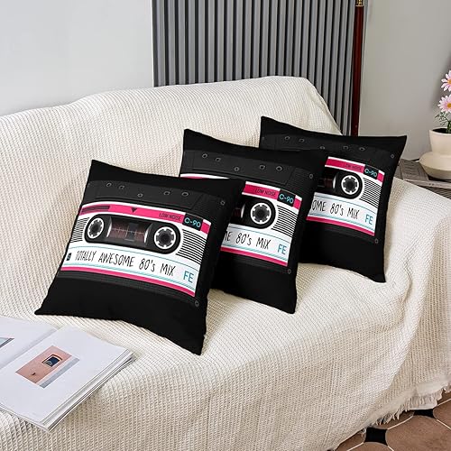 Miniatura 4 de Juego de 2 fundas de almohada de fiesta de los años 80 de 18 x 18 pulgadas, fundas de cojín de casete de audio, fundas de almohada con temática de