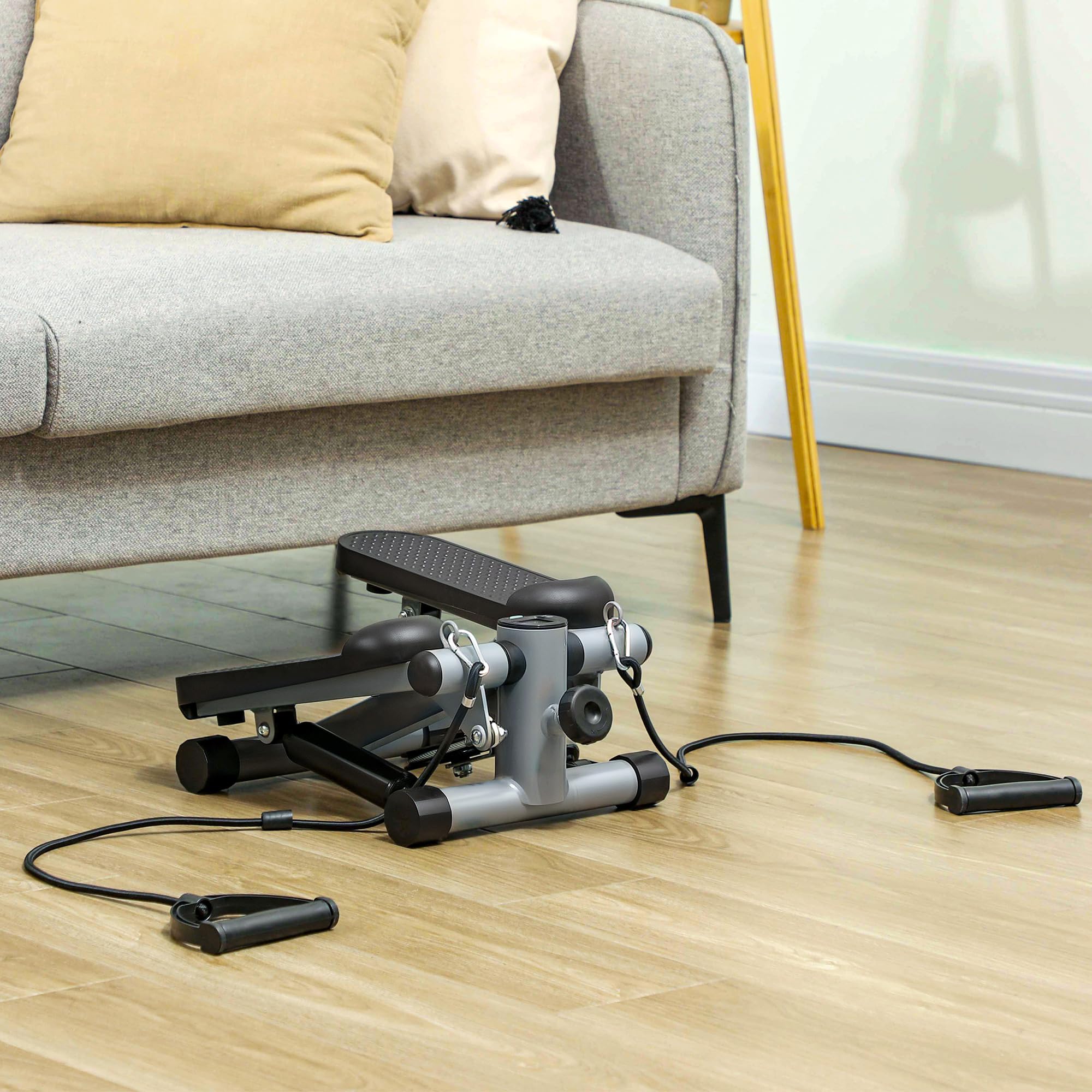 SPORTNOW 2 in 1 Mini-Stepper für Zuhause mit LCD-Display, Stepper Hometrainer mit Power Ropes, Up-Down Swing Stepper für Bein-/Armtraining bis 100 kg, Home Office Fitness Exercise, Grau