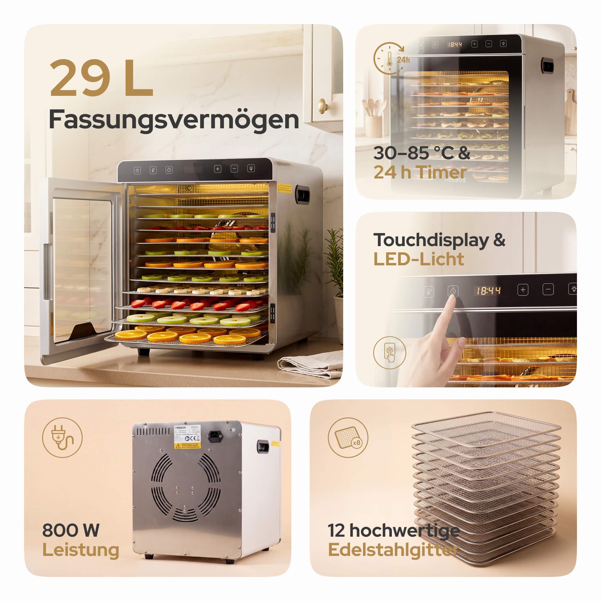 Arebos Dörrautomat Edelstahl 800W | Dehydrator mit 12 Gittern & 29L | Dörrgerät für Obst, Gemüse, Kräuter, Pilze, Fleisch & Fruchtleder | LED-Innenbeleuchtung | Touchdisplay | 30-85°C | 24h Timer