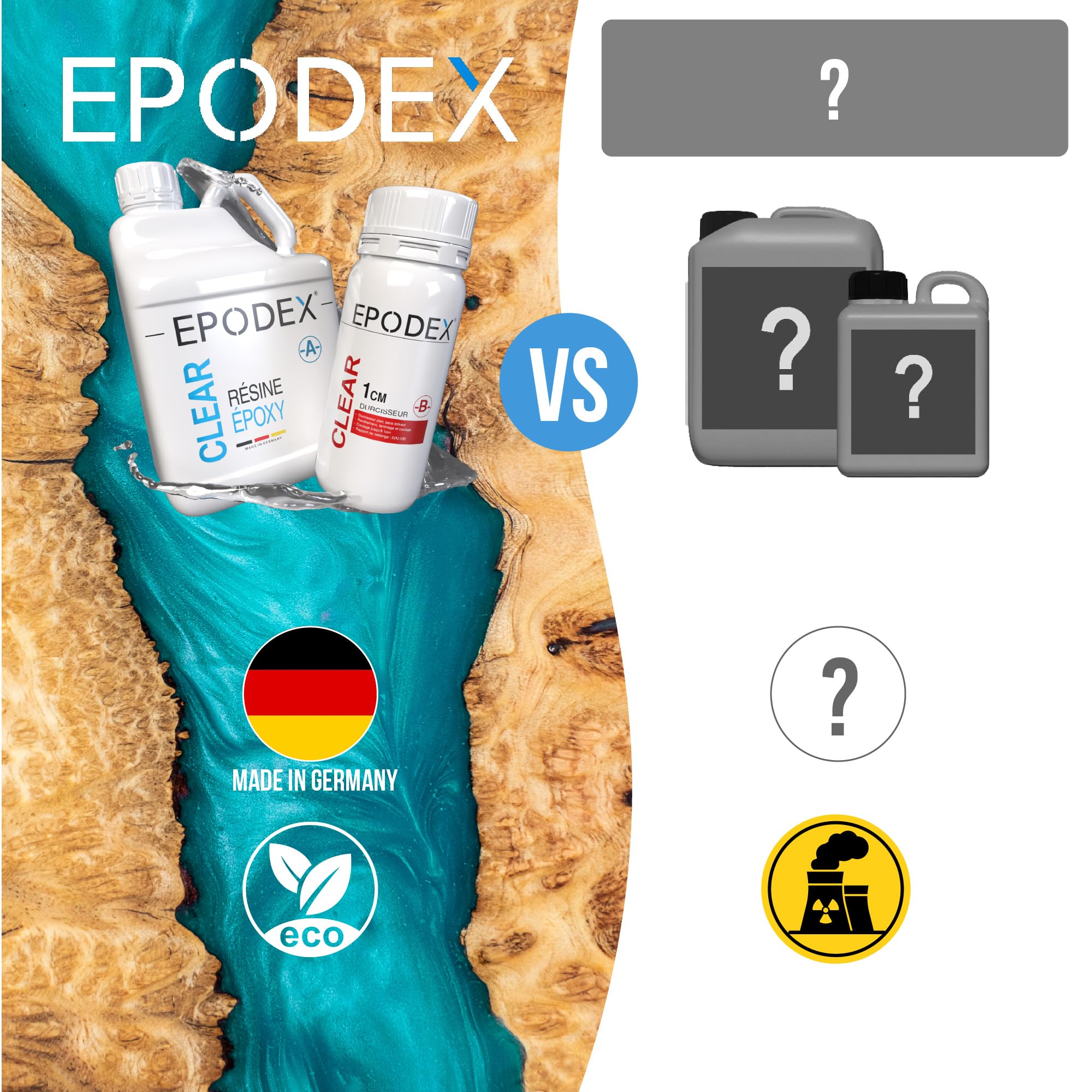 EPODEX ECO, Résine époxy jusqu’à 1cm, CLEAR - Transparent, 1,5kg | Kit transparente, Avec ou sans pigment, Pour revêtement, stratification, réparations, arts et artisanat