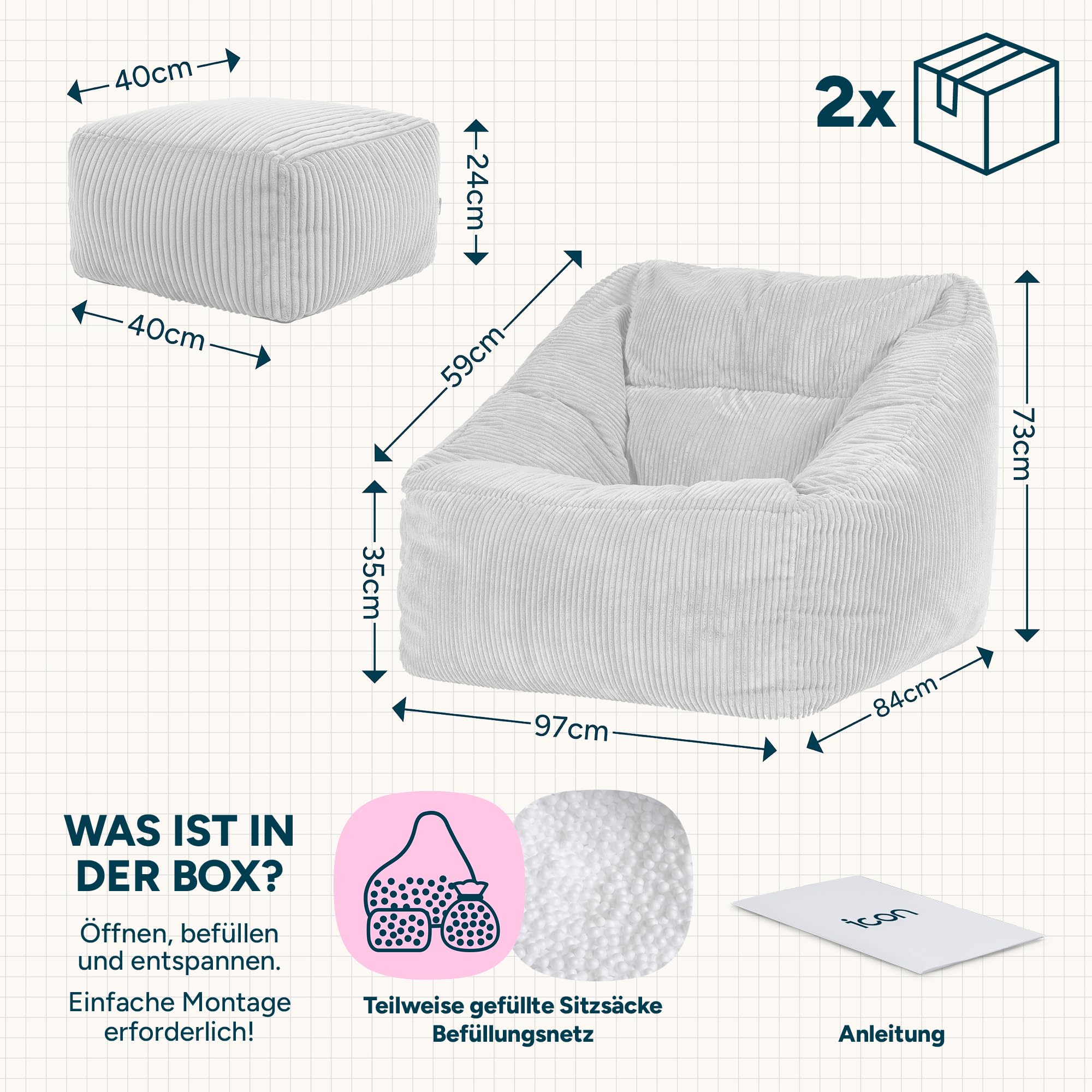 Icon Natalia Sitzsack Sessel mit Hocker für Erwachsene, Beige, Flauschiger Cord Stoff, Riesen Sitzsack Cord mit Füllung, Bean Bag Chair, Bequemer Sessel Wohnzimmer, Lounge, Schlafzimmer, Büro