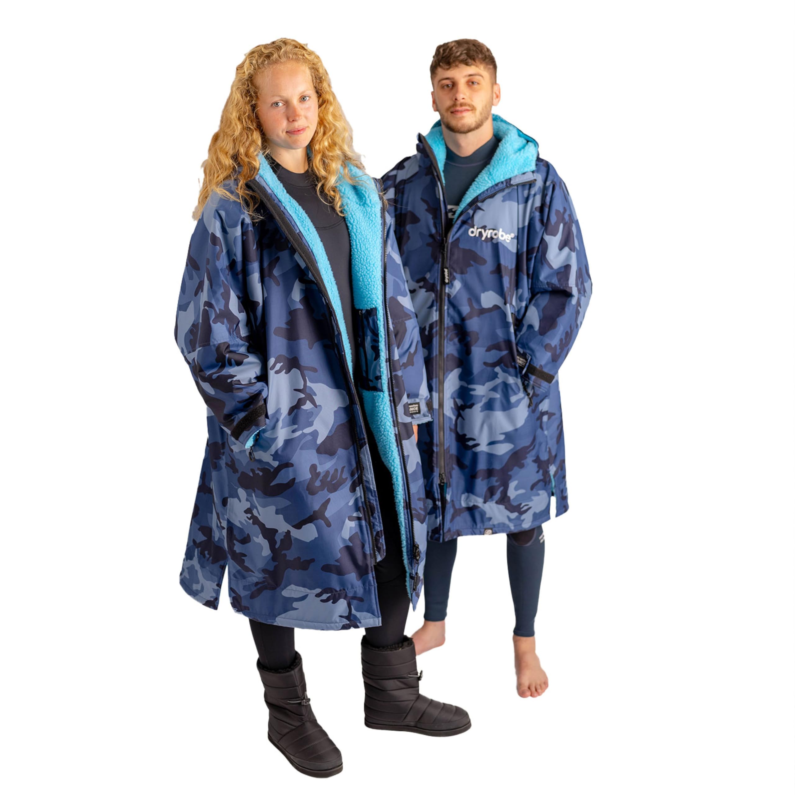 Dryrobe Advance - The Original Long Sleeve Waterproof Changing Robe - Oversized Coat with Fleece Lining - for Beach, Cold Water Wild Swimming, Surfing - Small - Blue Camo/Blue