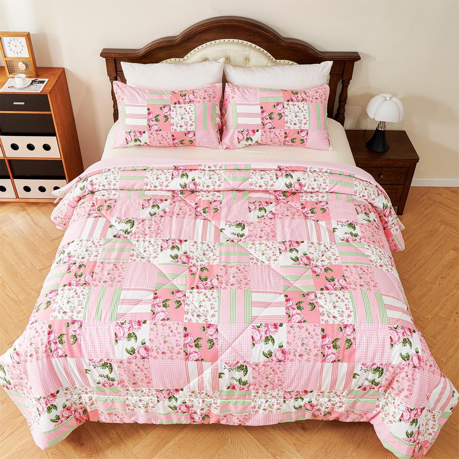 Cmfshape Pink Rose King Size Comforter Set 3 Pieces,Flower Printed Bedding Bed in A Bag,Soft Microfiber Comforter with PillowShams for All Season,102x90