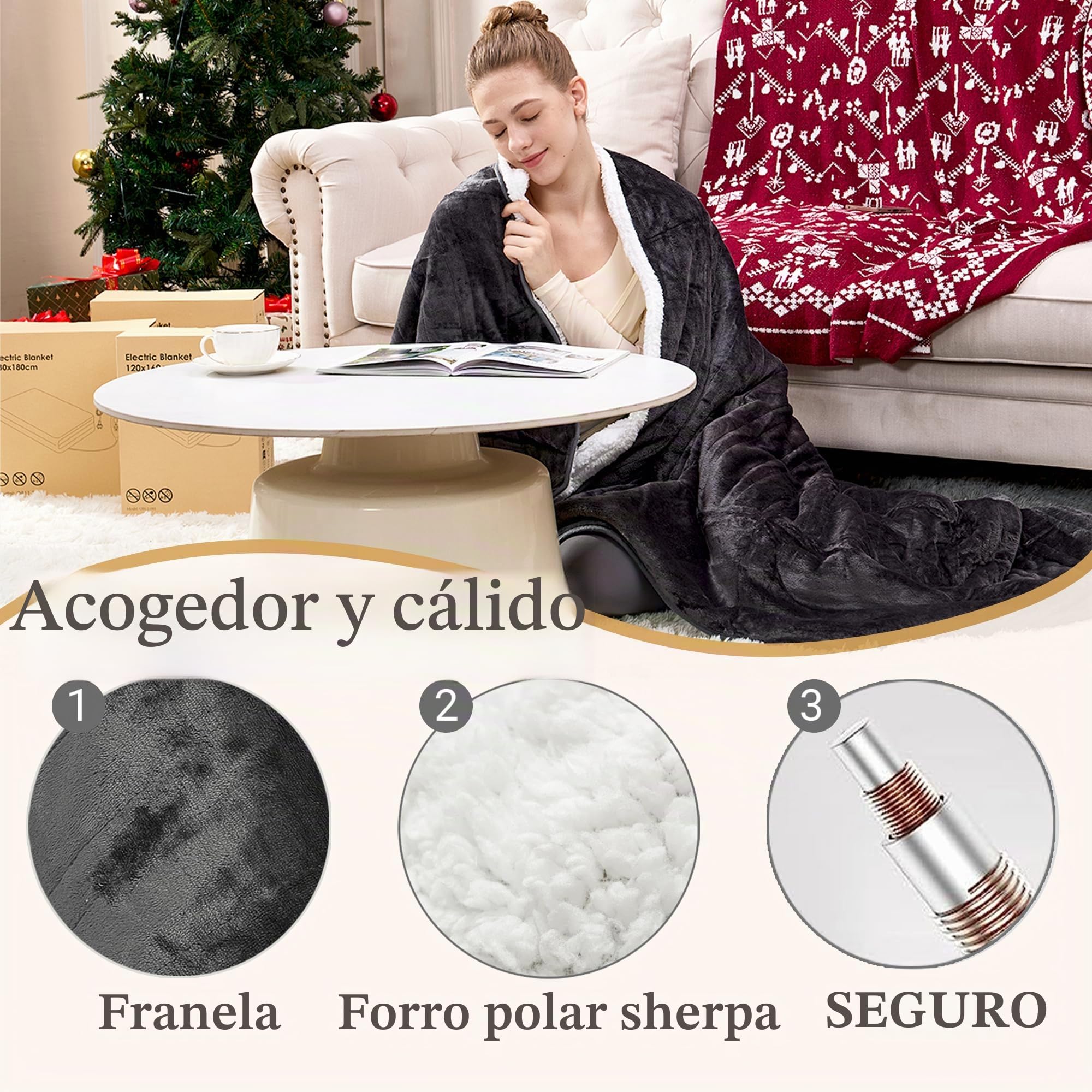 Manta térmica eléctrica, manta eléctrica con 4 ajustes de calor y temporizador de apagado automático de 4 horas, pantalla LCD, manta térmica gris de franela Sherpa para sofá y cama, 160 x 120 cm