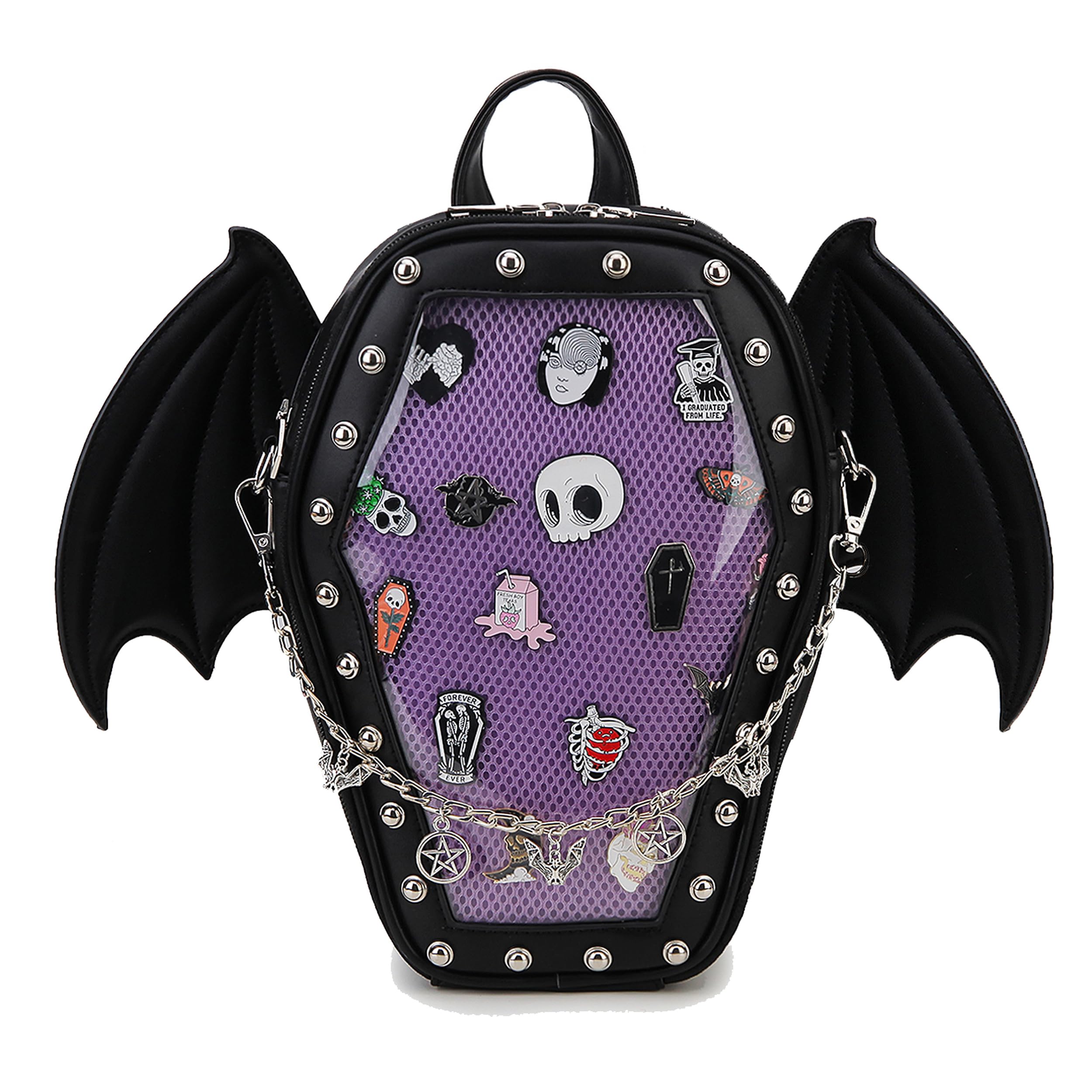 Punk Coffin Shaped Gothic Ita Pins Backpack Clear Window Women Halloween Handbag and Crossbody Bag with Inserts for Pins Display