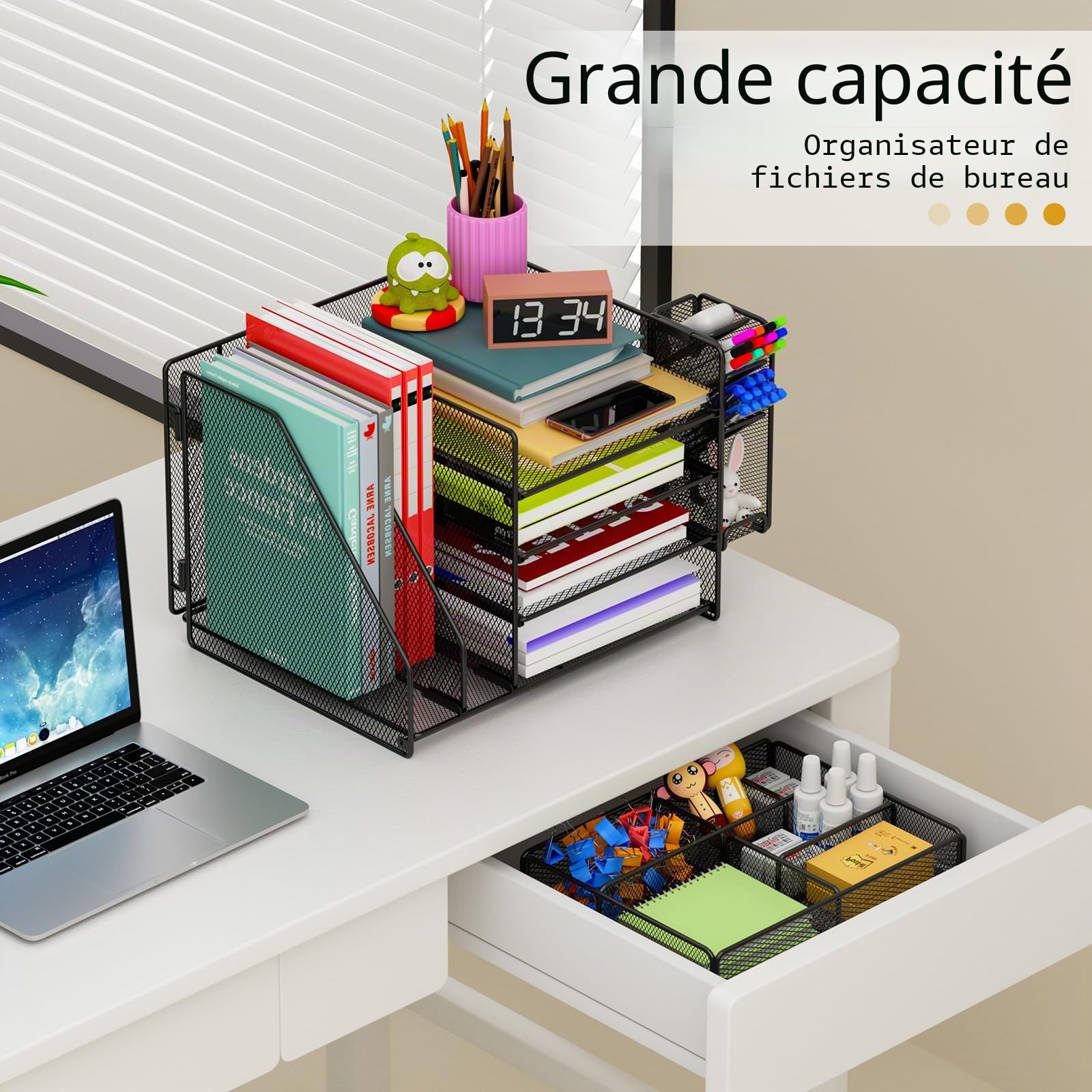 Organiseur de bureau avec porte-dossiers, organiseur de papier à 5 niveaux avec porte-stylos, organiseur de fichiers de bureau en maille avec porte-revues (noir)