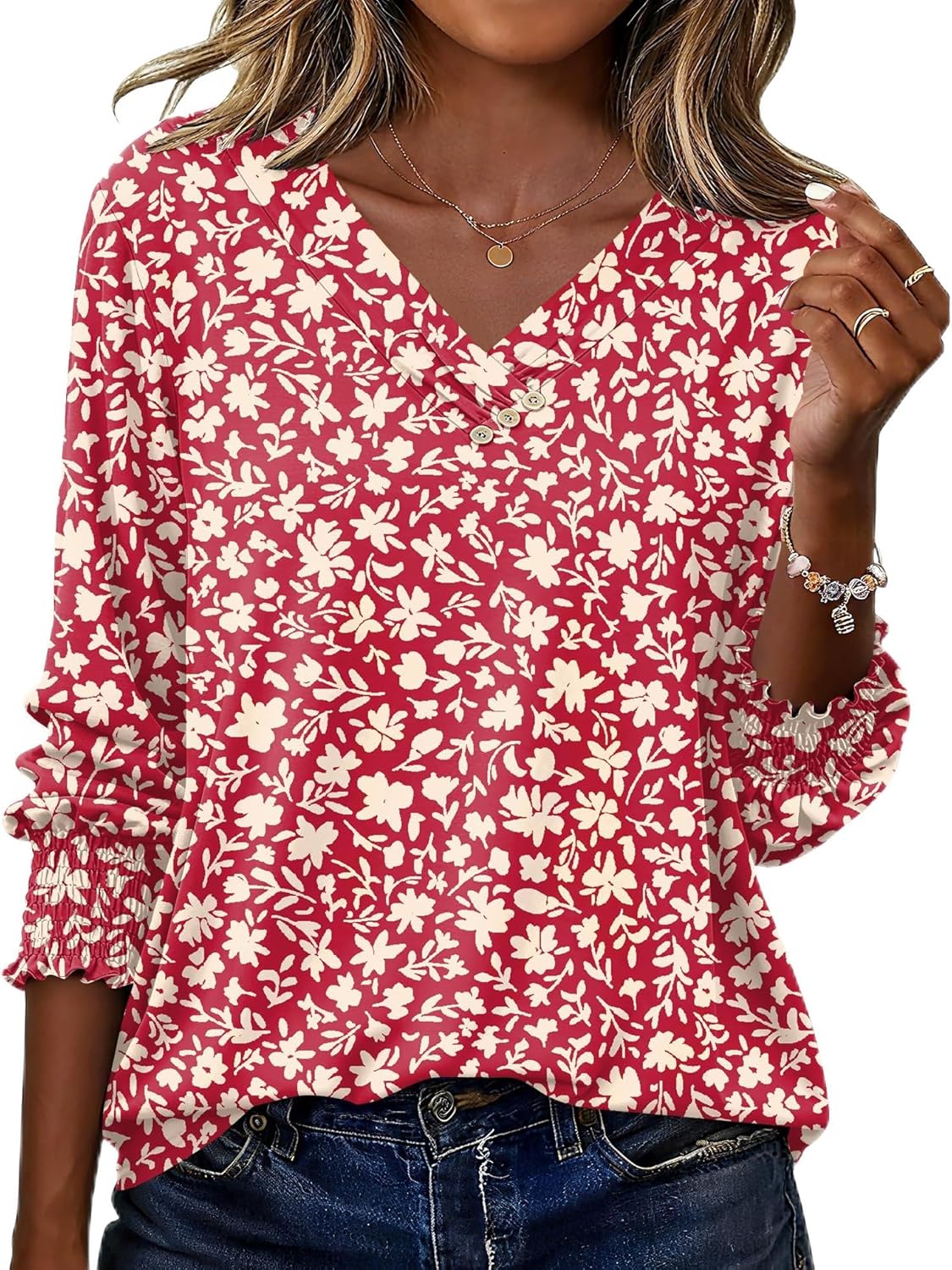 LOMON Blouses for Women Dressy Casual 3/4 Length Sleeve Womens Tops with Buttons Decor