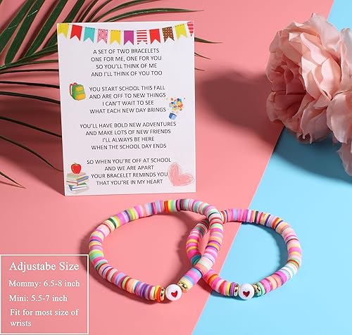Miniatura 2 de QqzsJewls Regalos para el primer día de clases para madre e hija de regreso a clases, juego de 2 pulseras de corazón a juego para mamá e hija