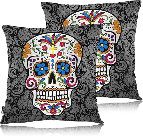 Swono Juego de 2 fundas de almohada cuadradas de 18 x 18 pulgadas, fundas de almohada suaves con diseño de calavera de azúcar mexicana, fundas de