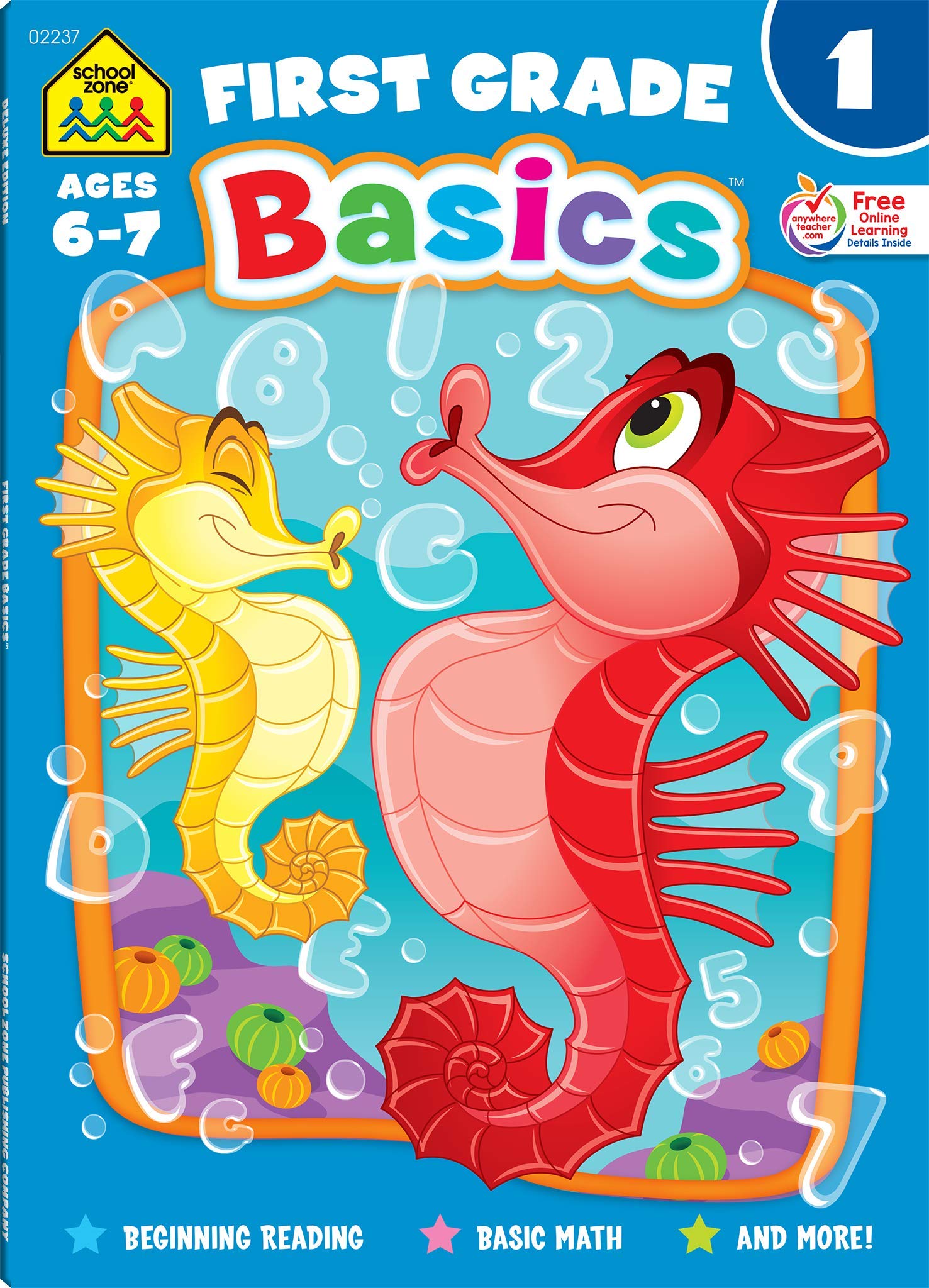 School Zone - First Grade Basics Workbook - 64 Pages, Ages 5 to 7, 1st Grade, Beginning Reading, Basic Math, Language Arts, Phonics, Spelling, Counting Coins, and More (Deluxe Edition 64-Page)